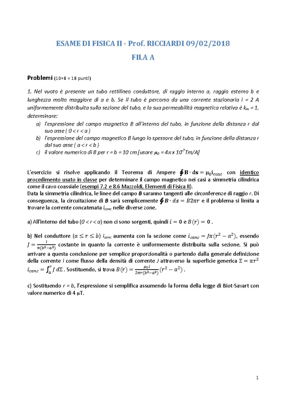 Tema D'esame Di Fisica II Con Soluzioni - 1 ESAME DI FISICA II - Prof ...