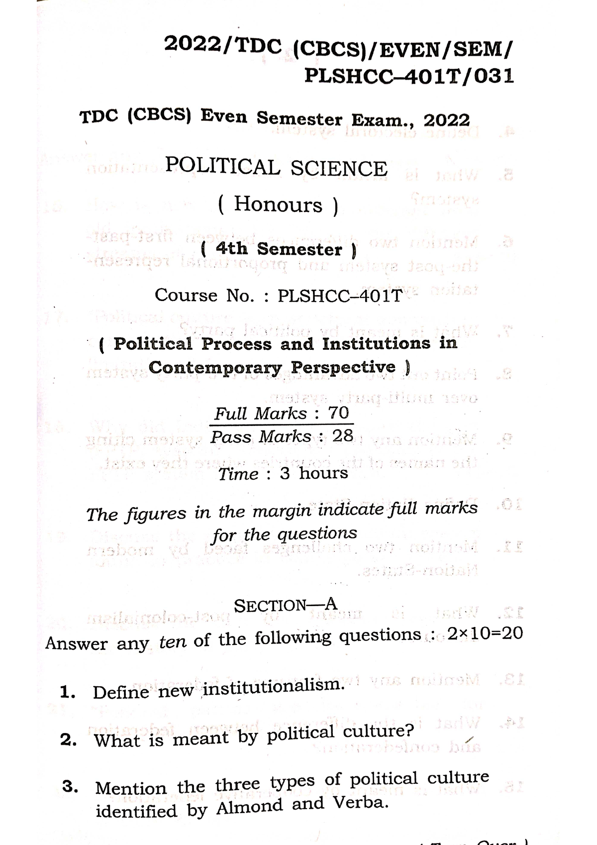 TDC 4th Semester 2022 Question Paper(401,402,403) - Political Science ...