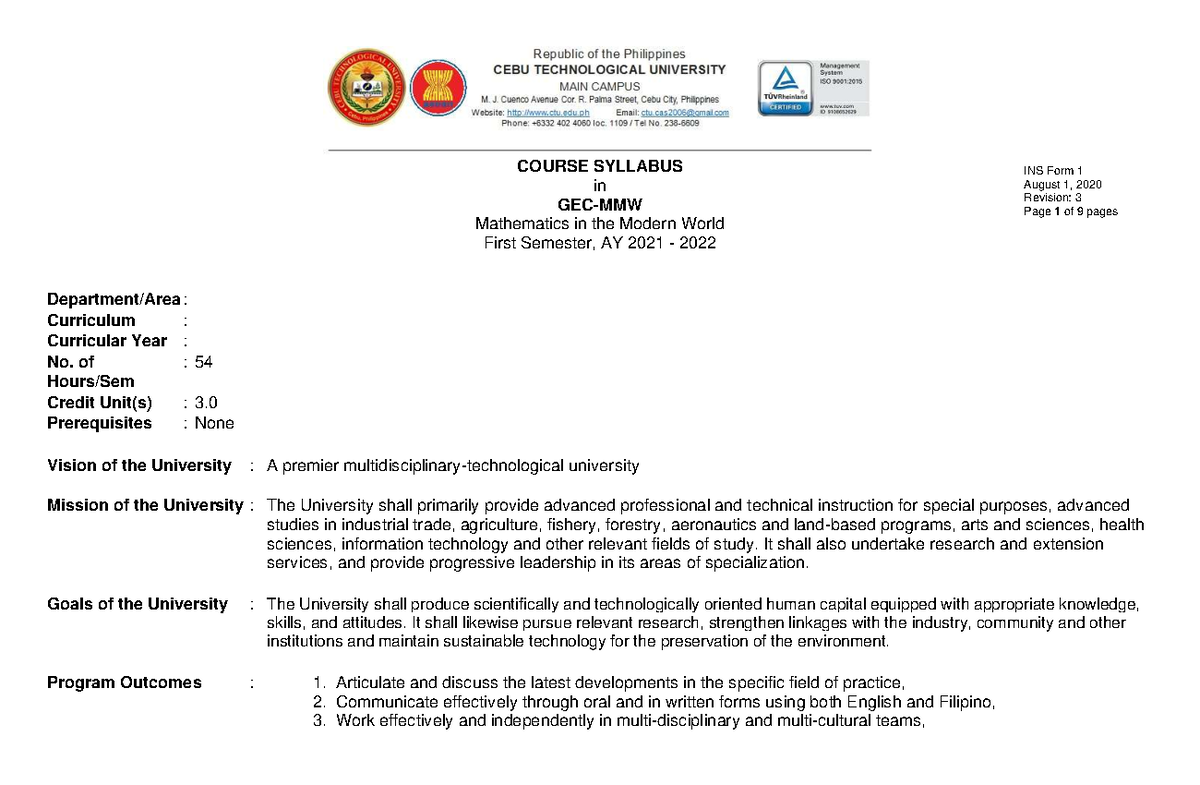 GEC MMW+by+bbbb - teacher information - COURSE SYLLABUS in GEC-MMW ...
