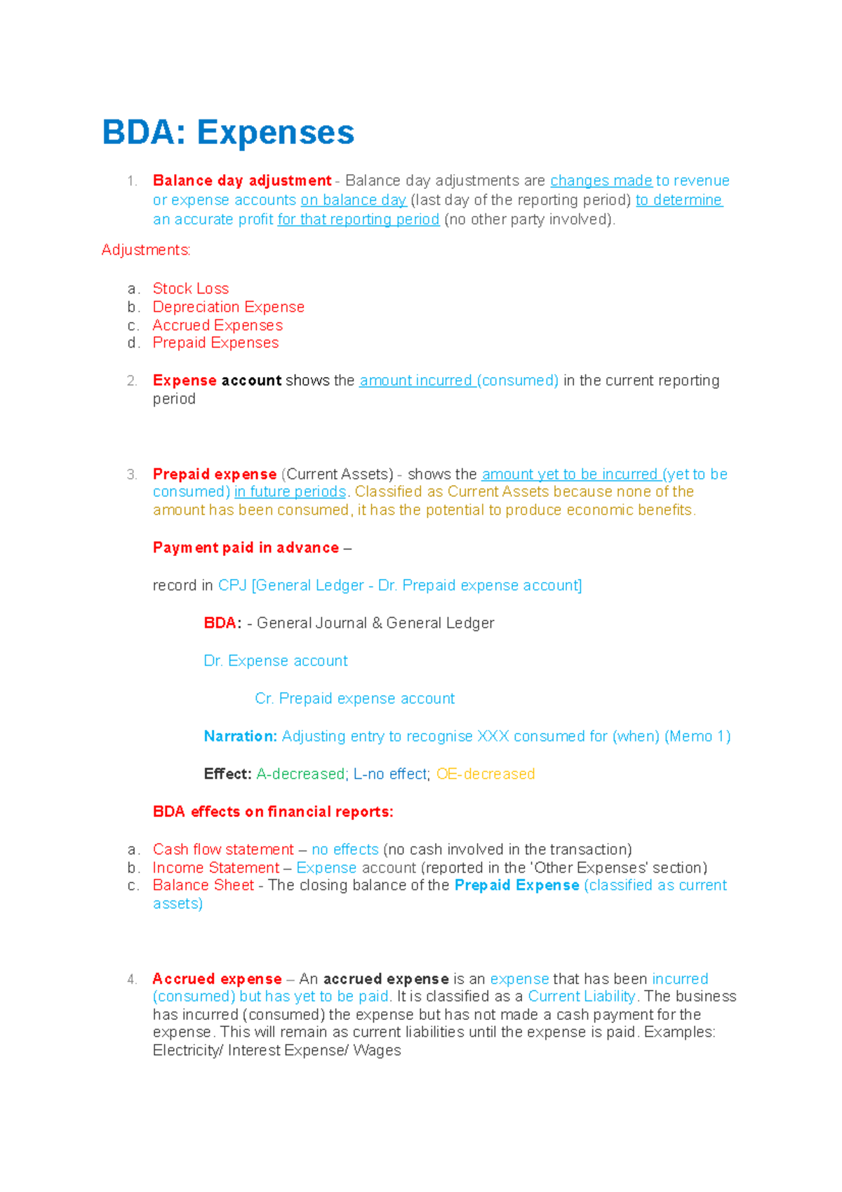 Chapter 5v BDA Expense - BDA: Expenses Balance day adjustment - Balance ...