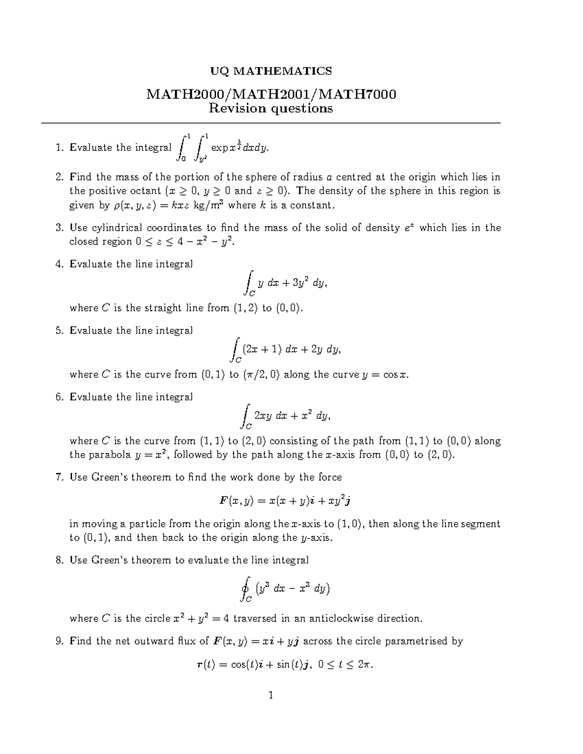 Math2000 Component Revision Questions - Uq Mathematics Math2000 