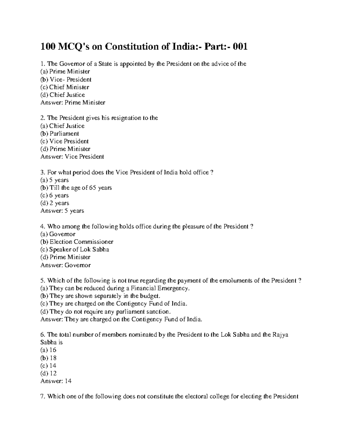 Consti mcq 100 MCQ's on Constitution of India Part 001 The