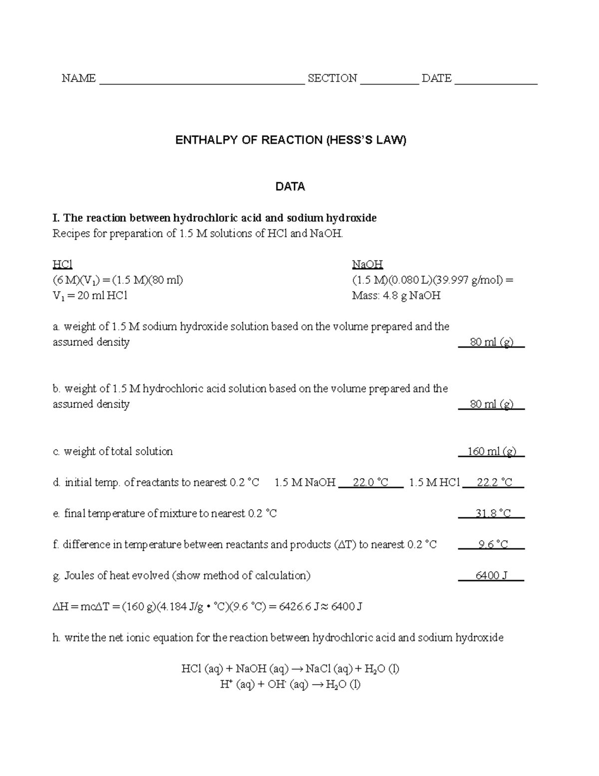 Hess's Law Lab - Post Lab Report - NAME ...