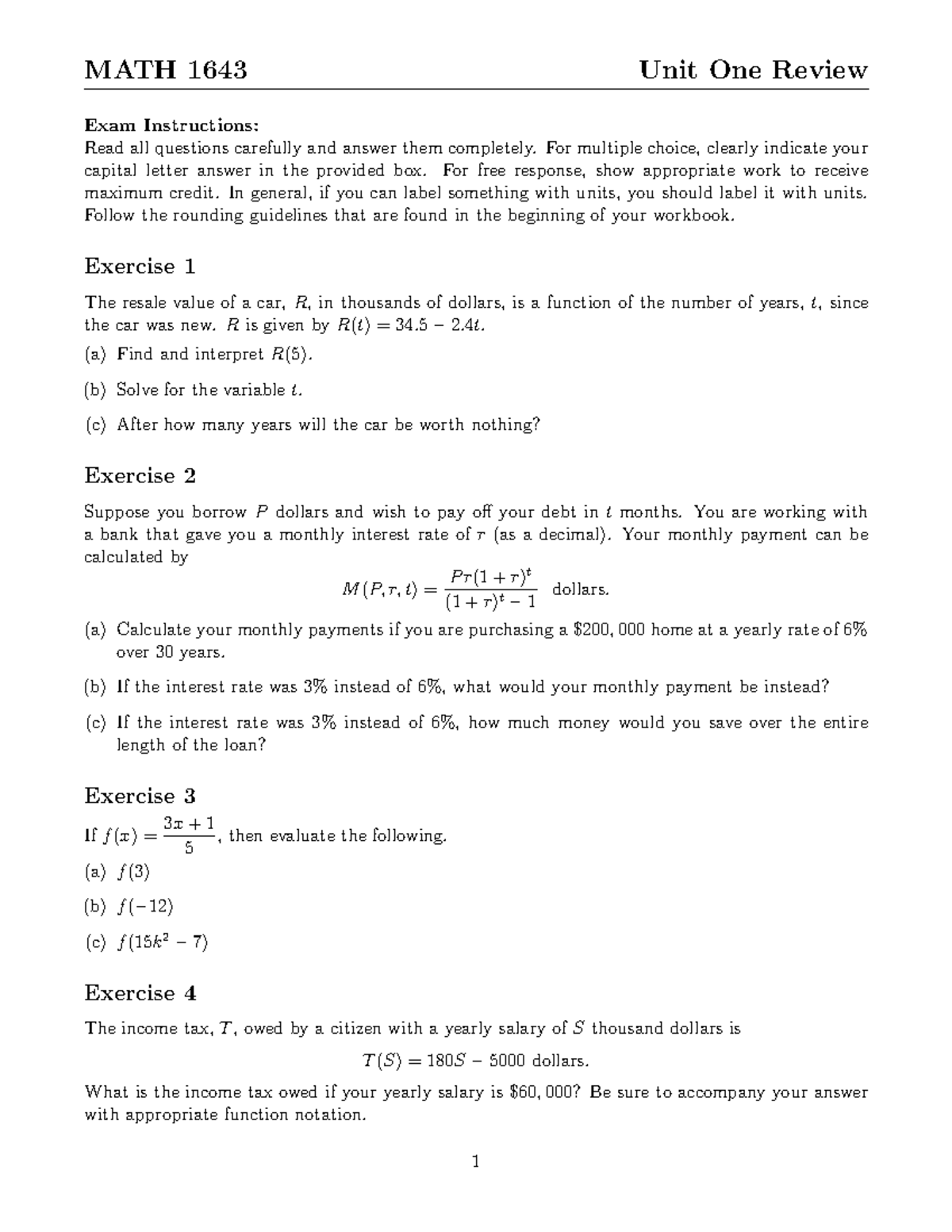 1643 Unit 1 Review - Exam Instructions: Read all questions carefully ...