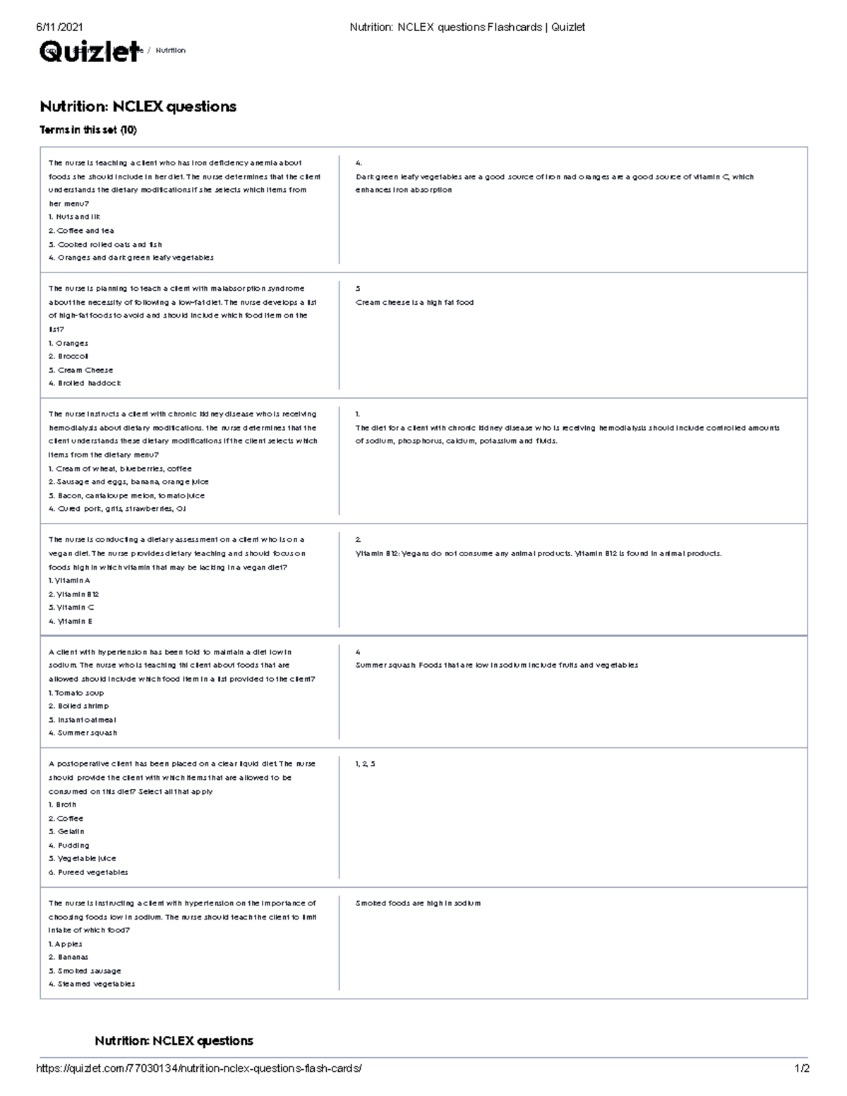 Nutrition Good to know 6/11/2021 Nutrition NCLEX questions