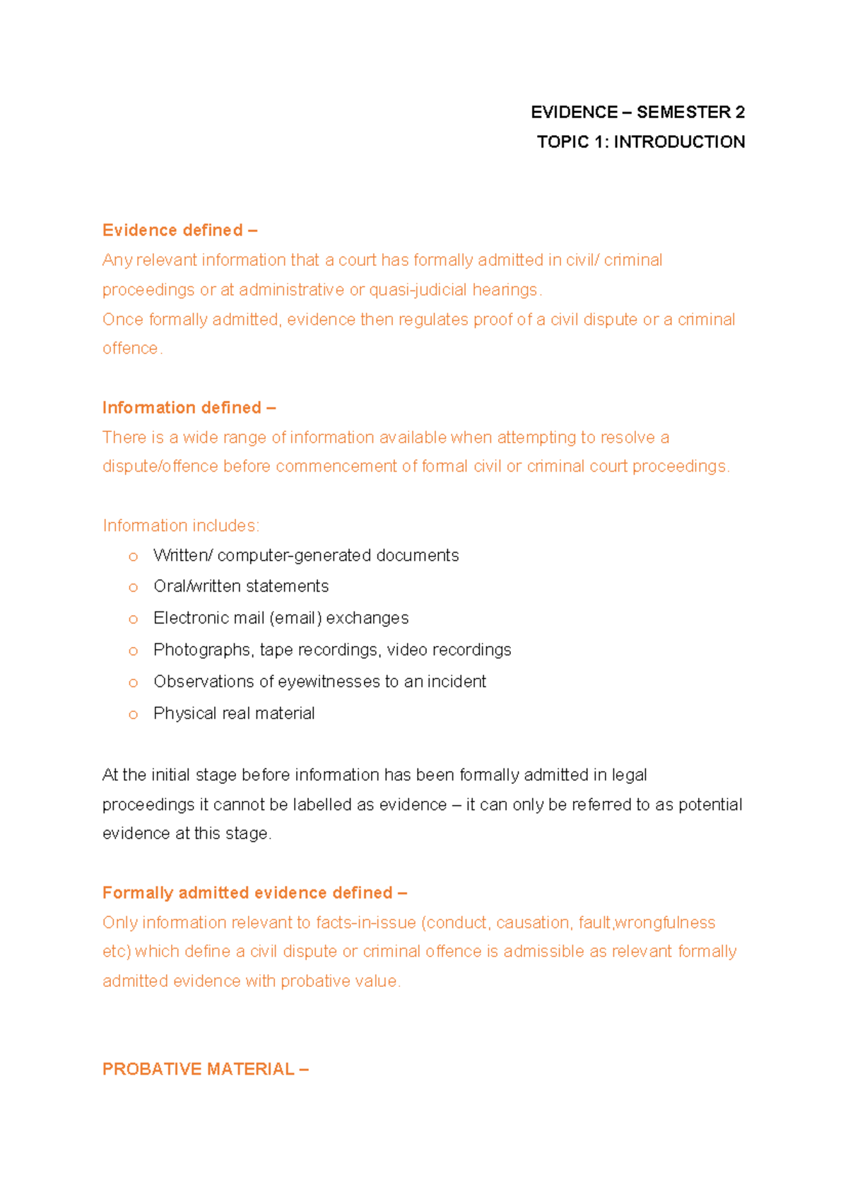 Topic 1 notes - intro - EVIDENCE – SEMESTER 2 TOPIC 1: INTRODUCTION ...