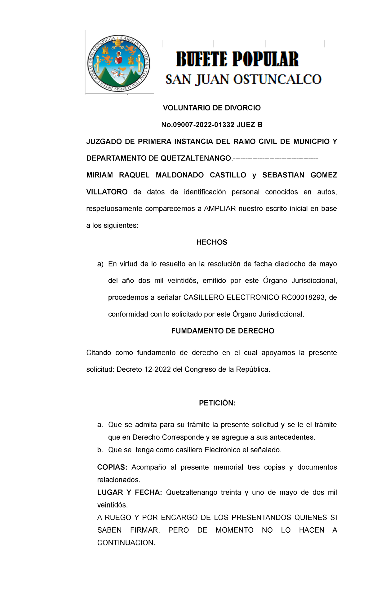 Rectificacion Fidelia - VOLUNTARIO DE DIVORCIO No-2022-01332 JUEZ B ...