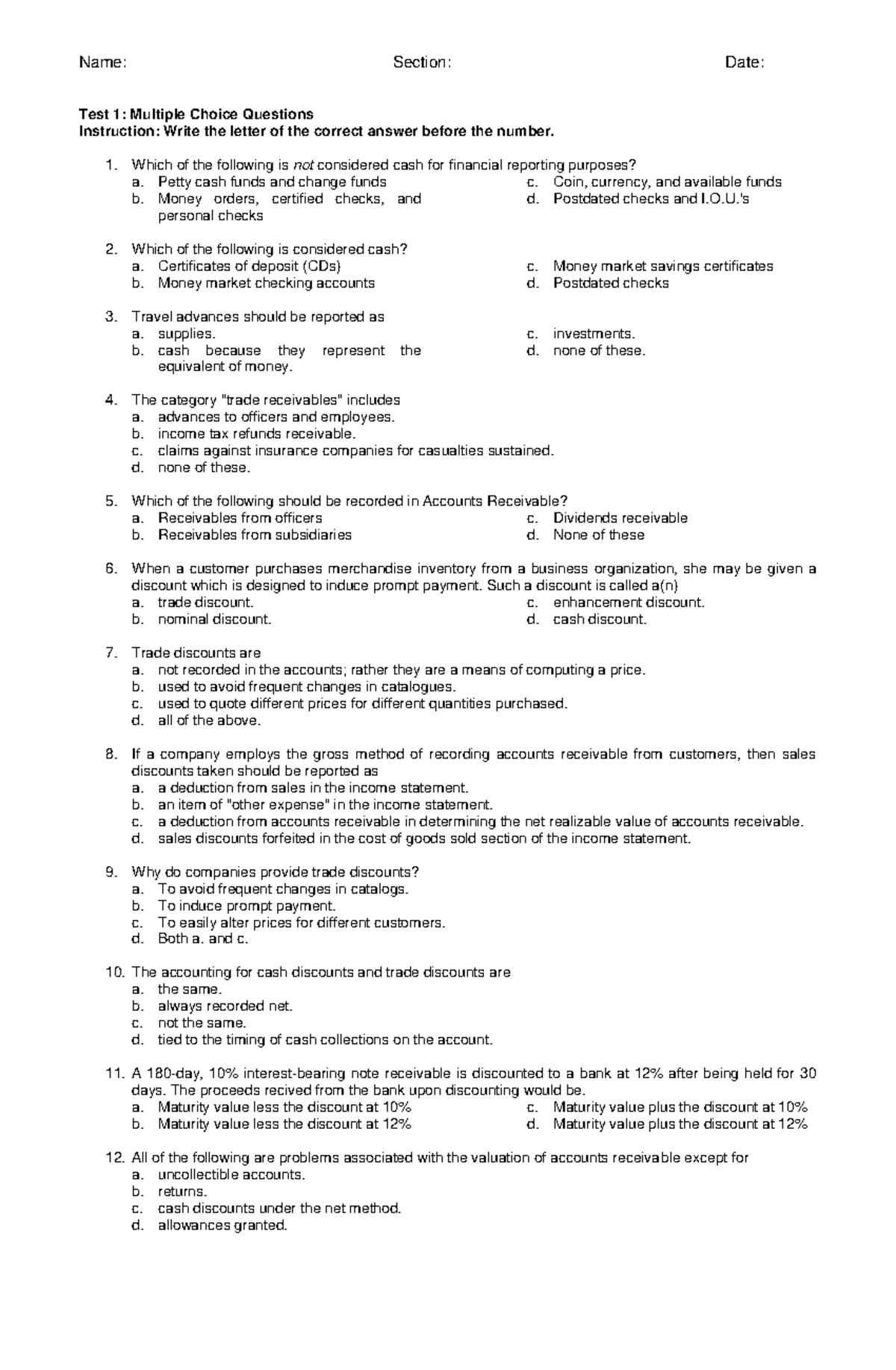 Receivables-theories-quiz compress - Name: Section: Date: Test 1 ...