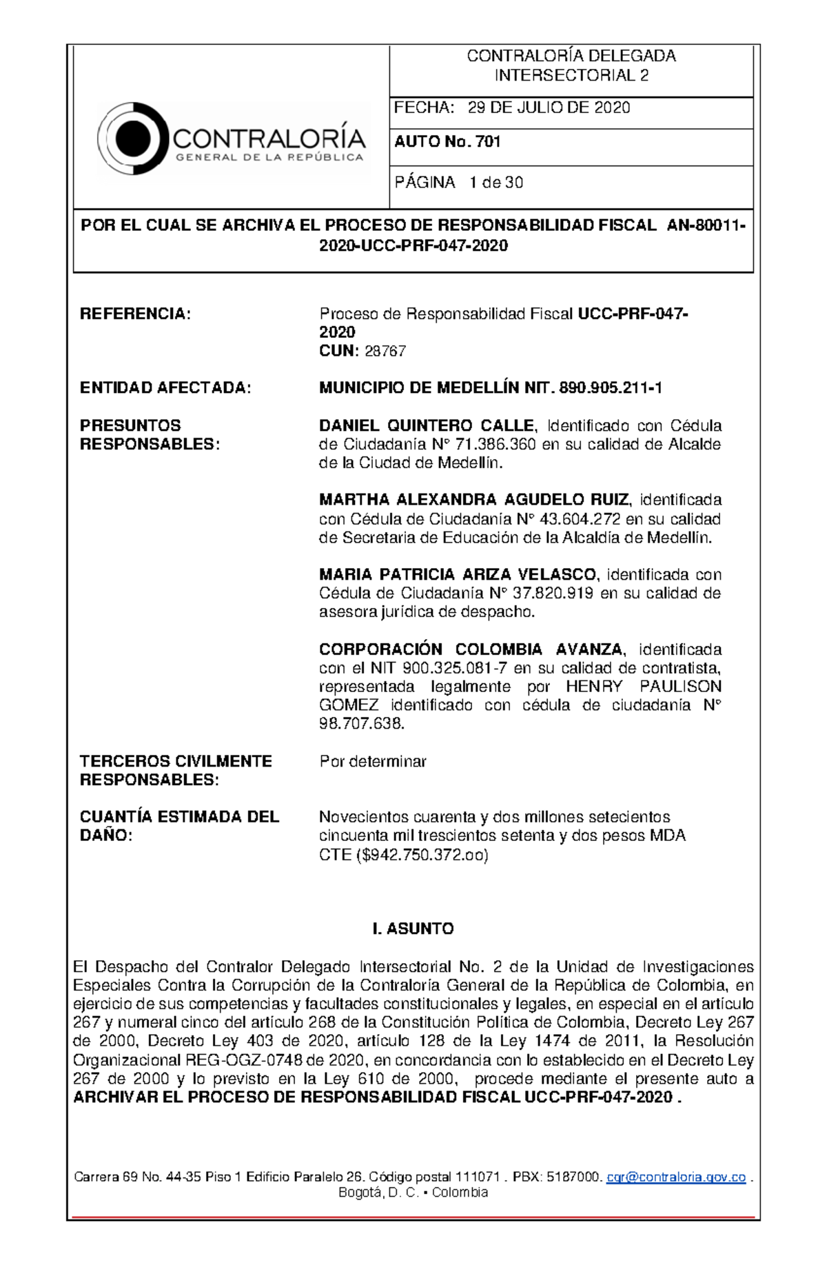 Daniel Quintero AUTO 701 202007 29 Por el cual se archiva PRF