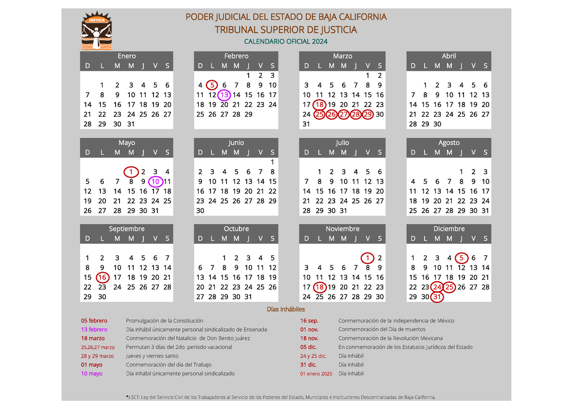 Calendario DIAS Inhabiles Poder Judicial BAJA California - D L M M J V S D L M M J V S D L M M J 