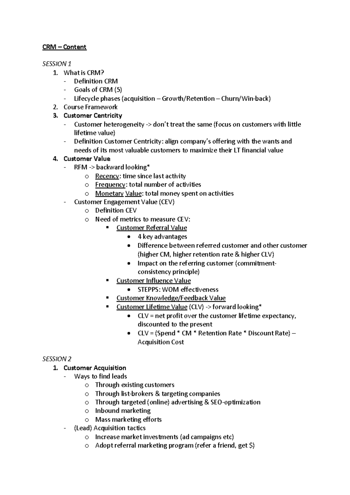 CRM - CRM Resume - CRM – Content SESSION 1 1. What is CRM? - Definition ...