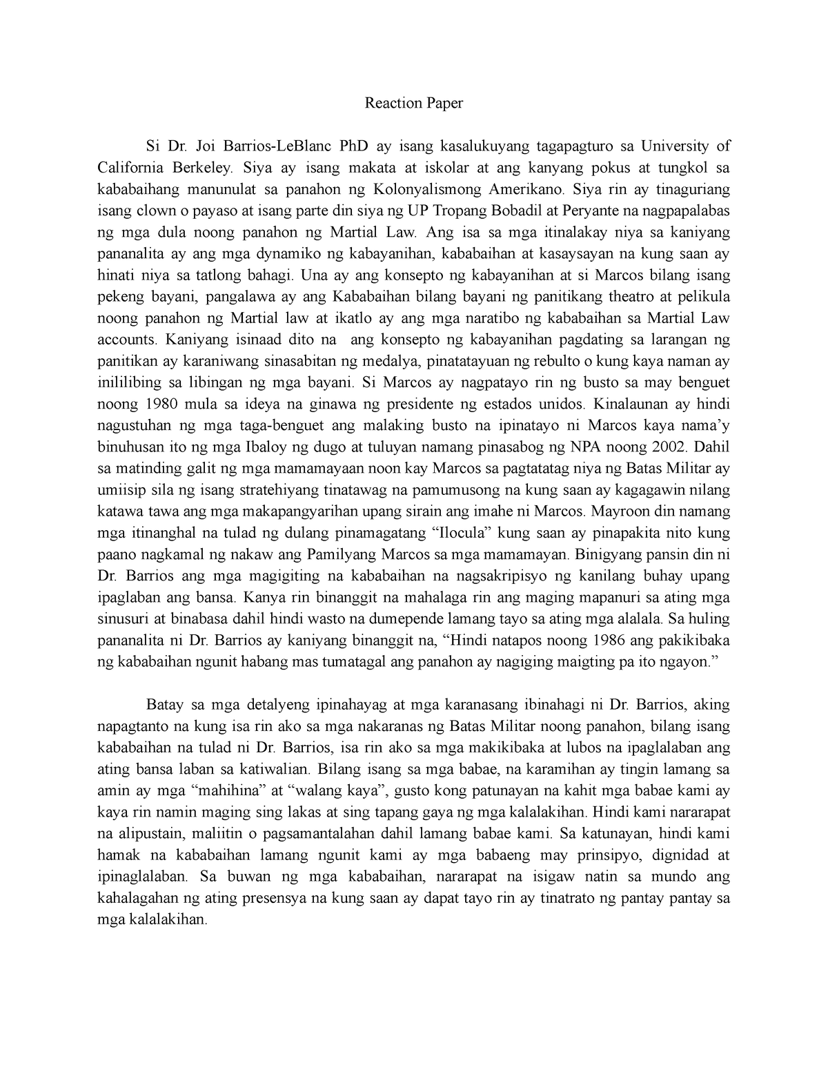 Reaction Paper Halimbawa Ng Reaksyon Papel Reaction Paper Si Dr Joi Barrios Leblanc Phd Ay 1513