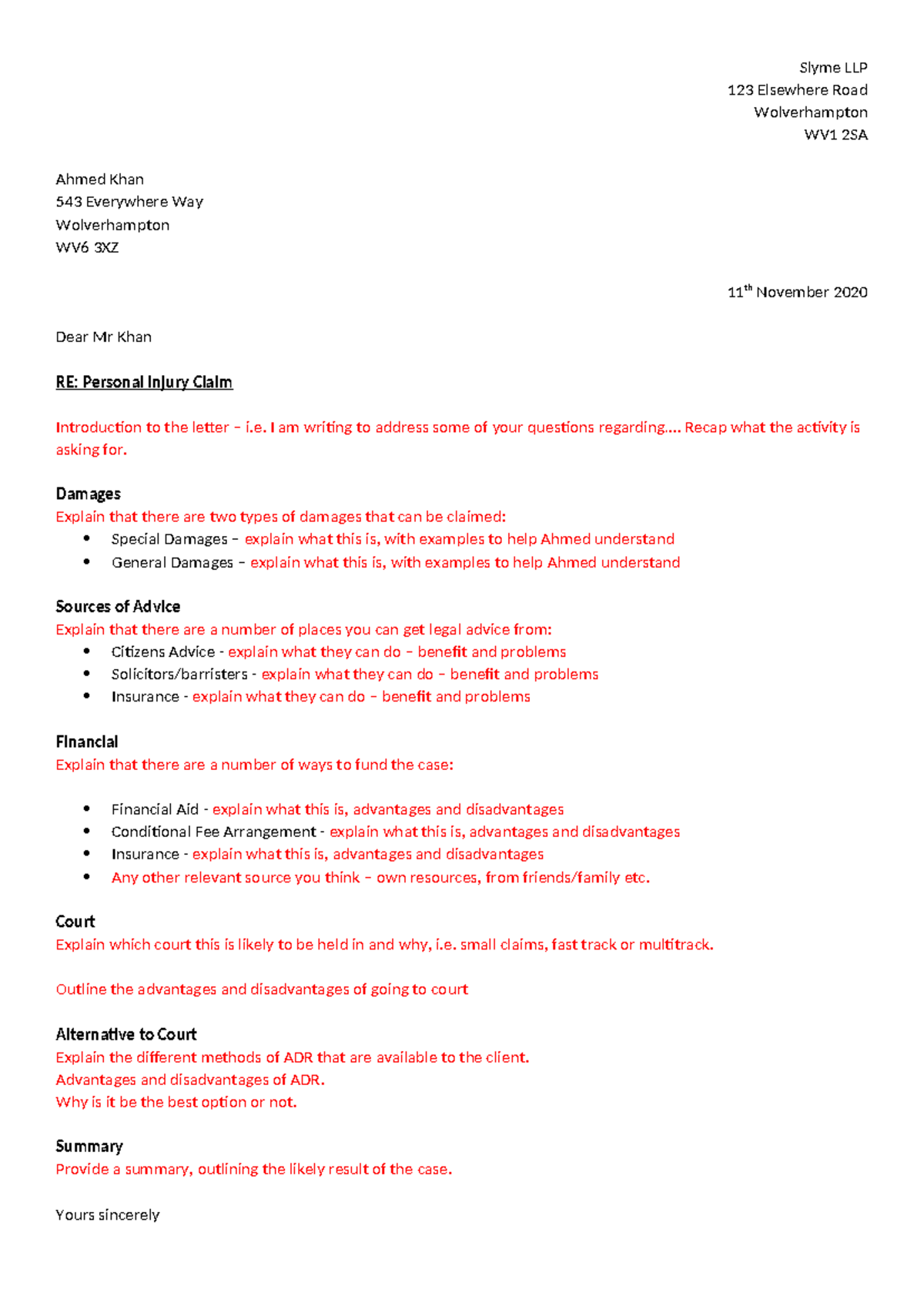 Exam letter template - Slyme LLP 123 Elsewhere Road Wolverhampton WV1 ...