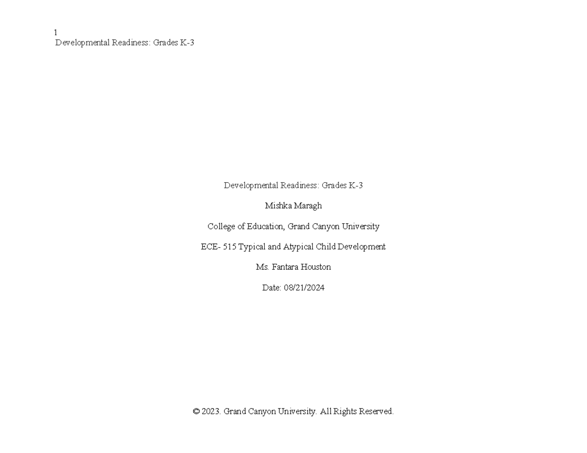 Benchmark - Developmental Readiness- Grades K-3 Mishka Maragh 2 ...