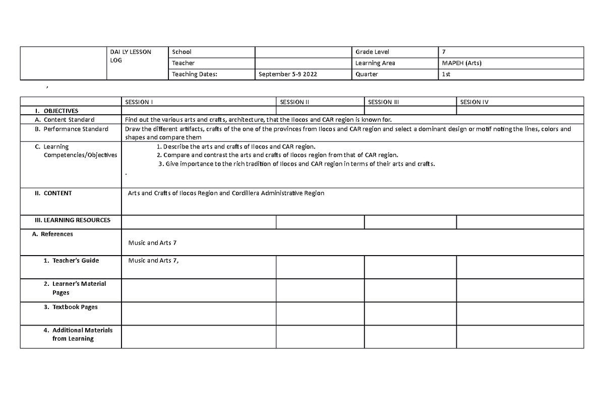 Arts-session 1 - GUIDE - DAI LY LESSON LOG School Grade Level 7 Teacher ...