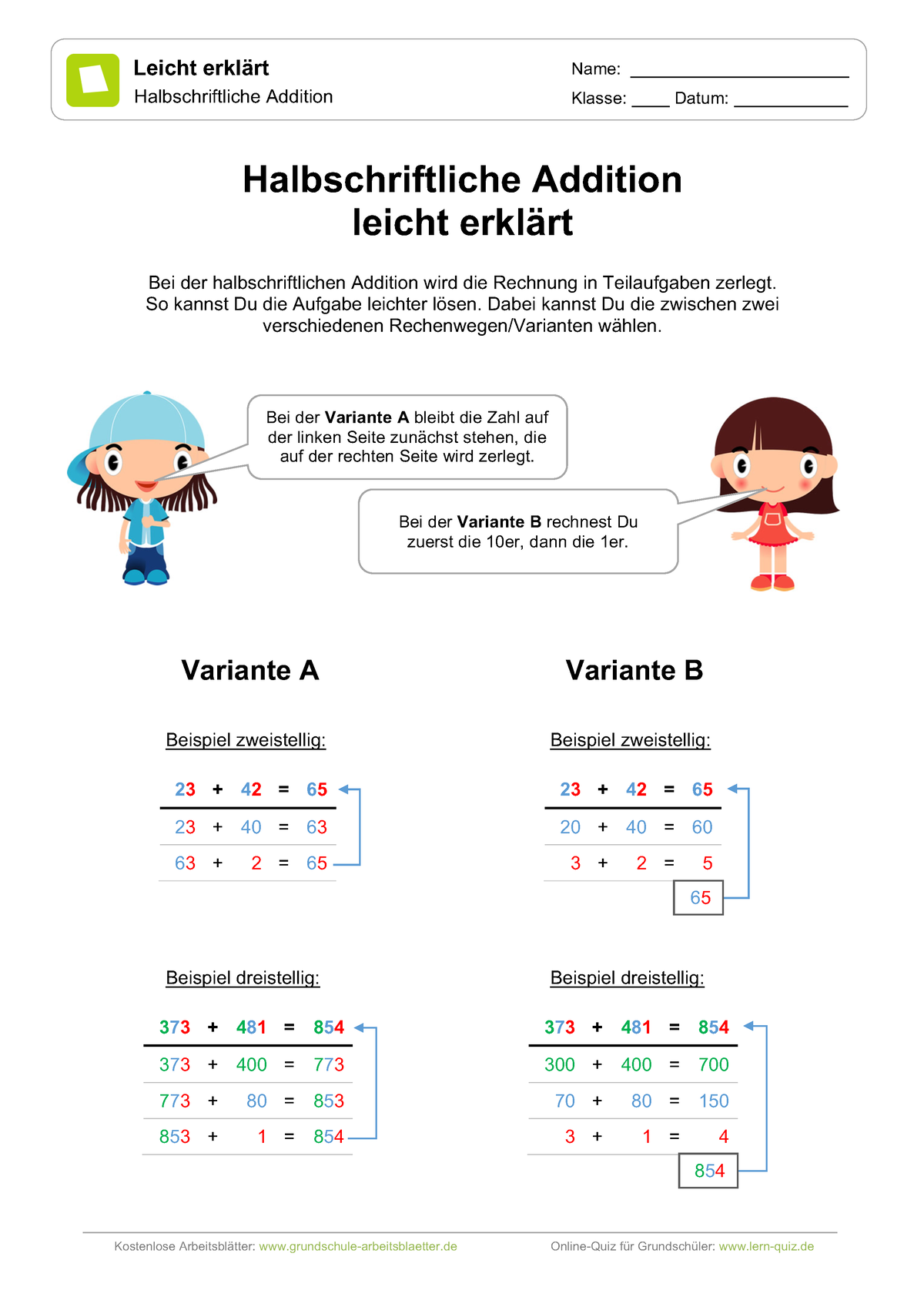 Halbschriftliche Addition Leicht Erklaert - Kostenlose Arbeitsblätter ...