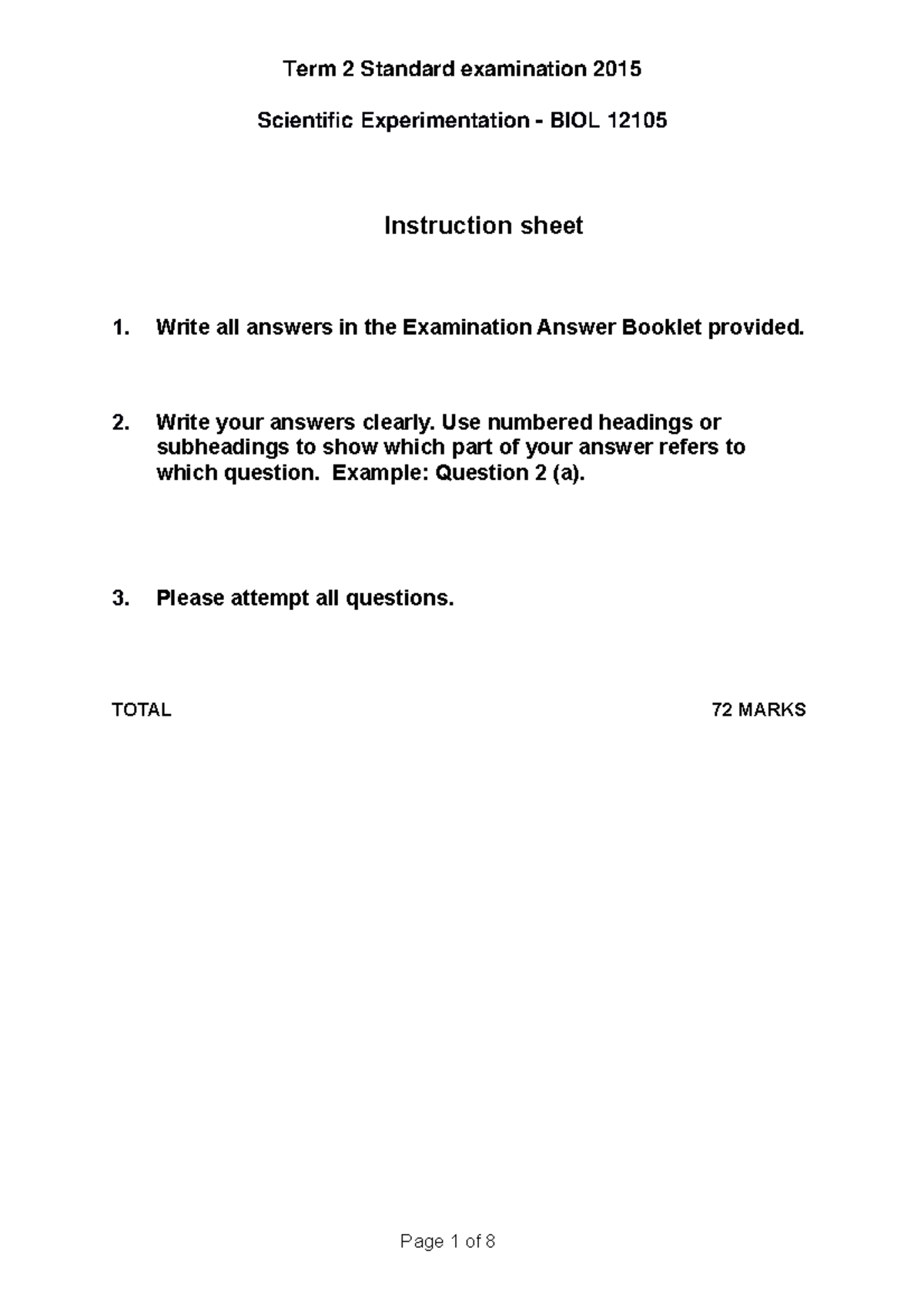Exam 2015, questions and answers - Term 2 Standard examination 2015 ...
