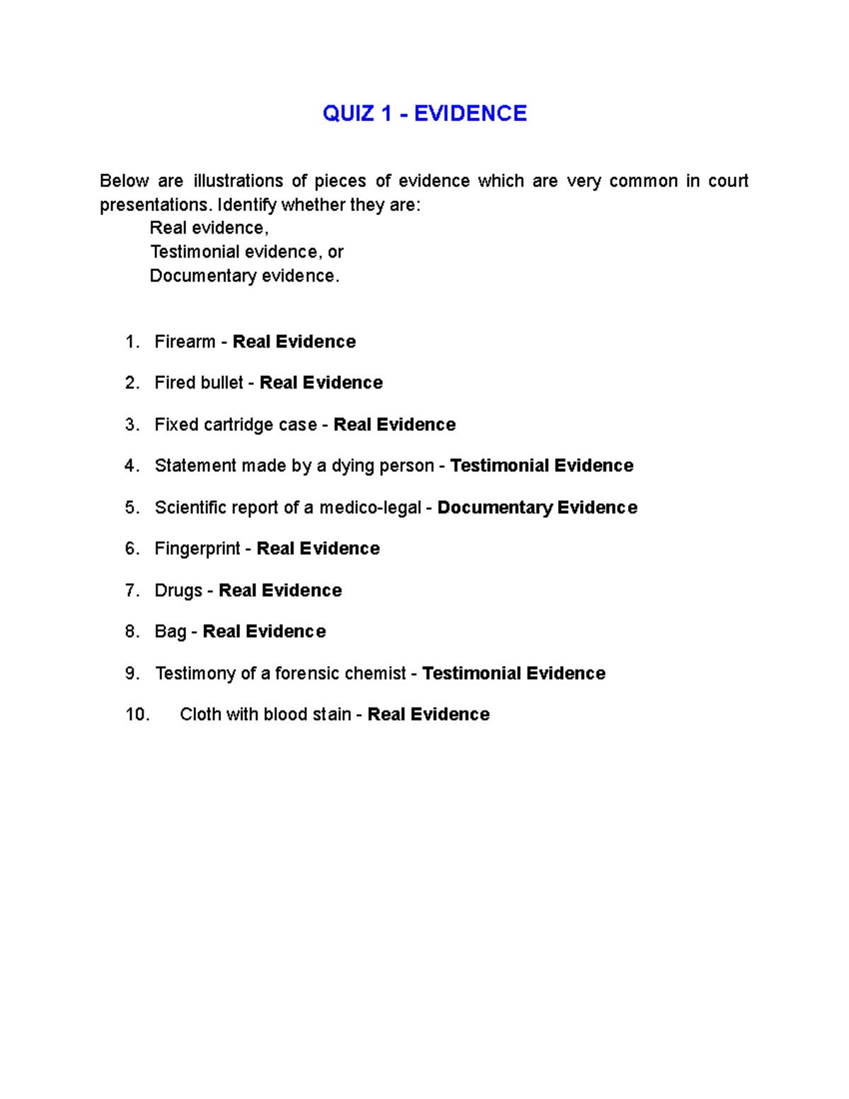 - QUIZ 1 - Evidence - QUIZ 1 - EVIDENCE Below are illustrations of ...