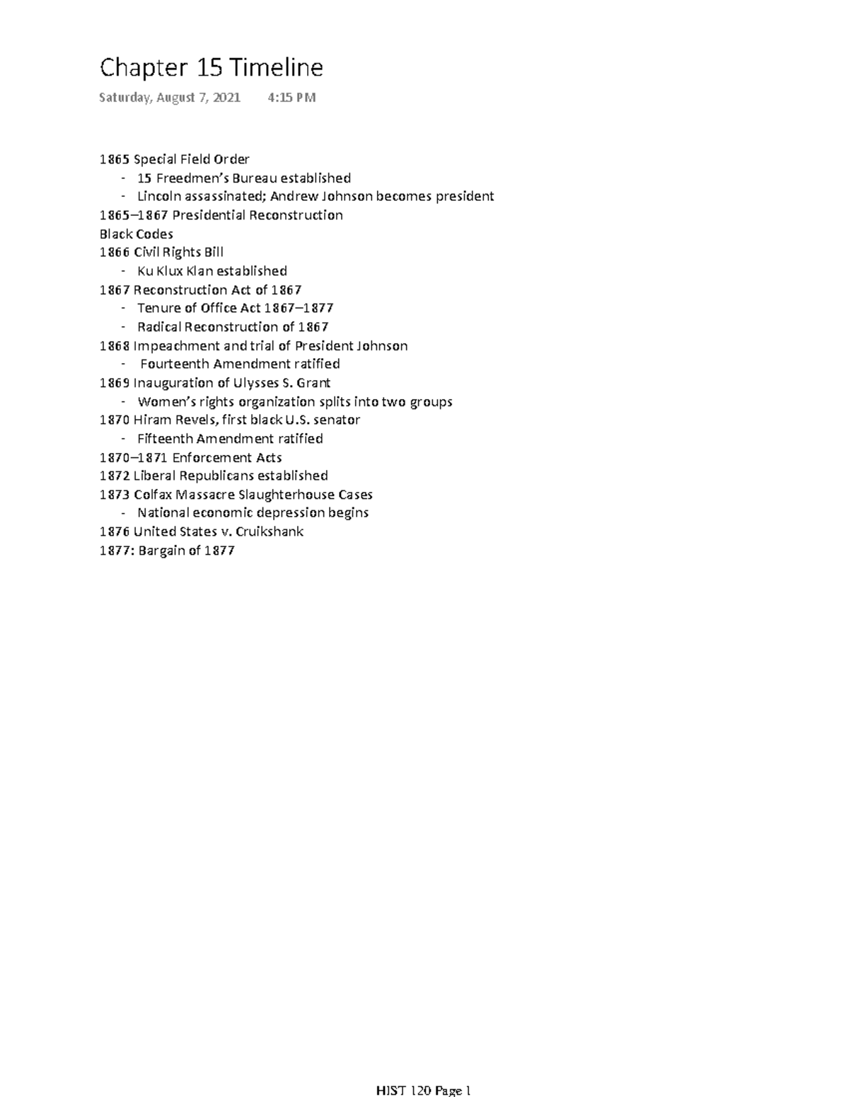 Chapter 15 Timeline Assignment 1865 Special Field Order 15