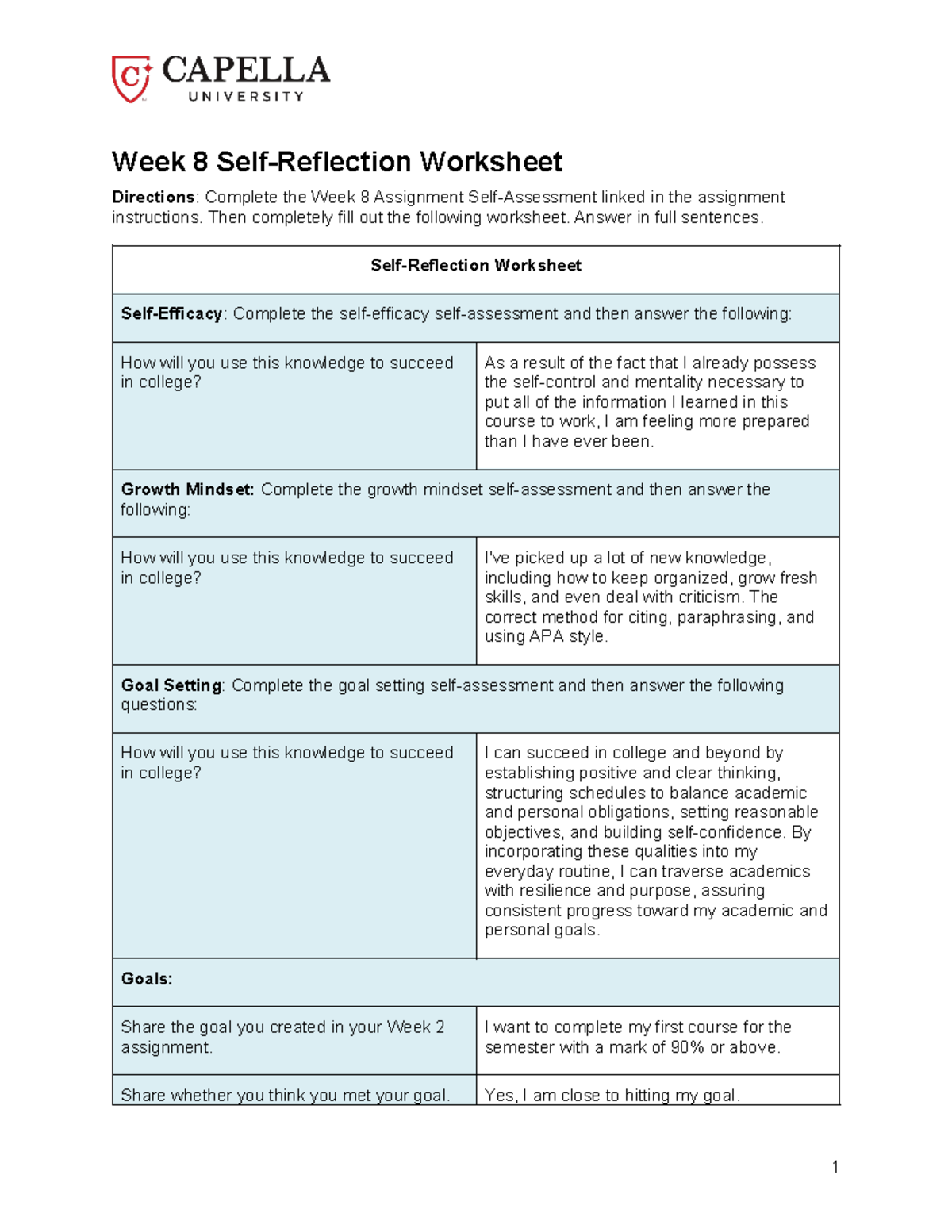 Cf week 8 self reflection - Week 8 Self-Reflection Worksheet Directions ...