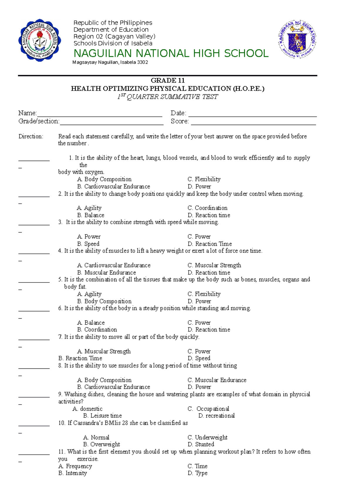 1st Quarter Summative Test Physical Education - Republic Of The ...