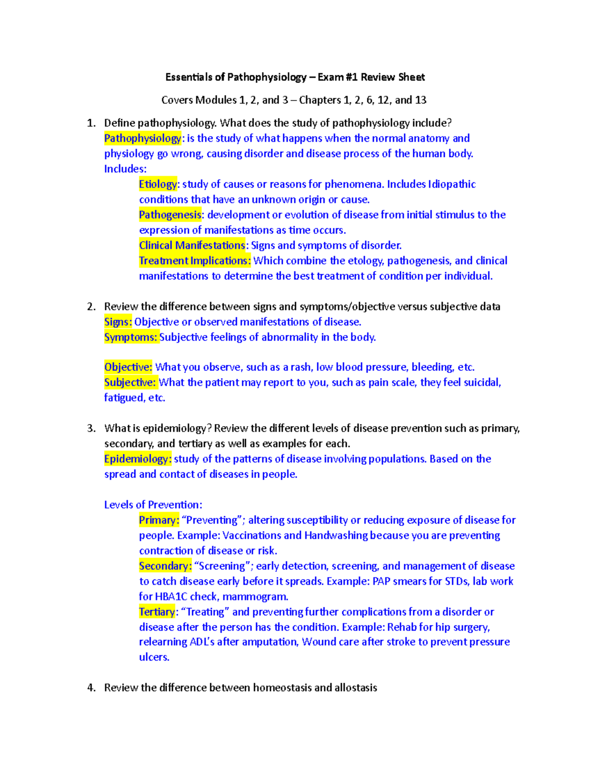 Exam 1 Study Guide - Essentials Of Pathophysiology – Exam #1 Review ...