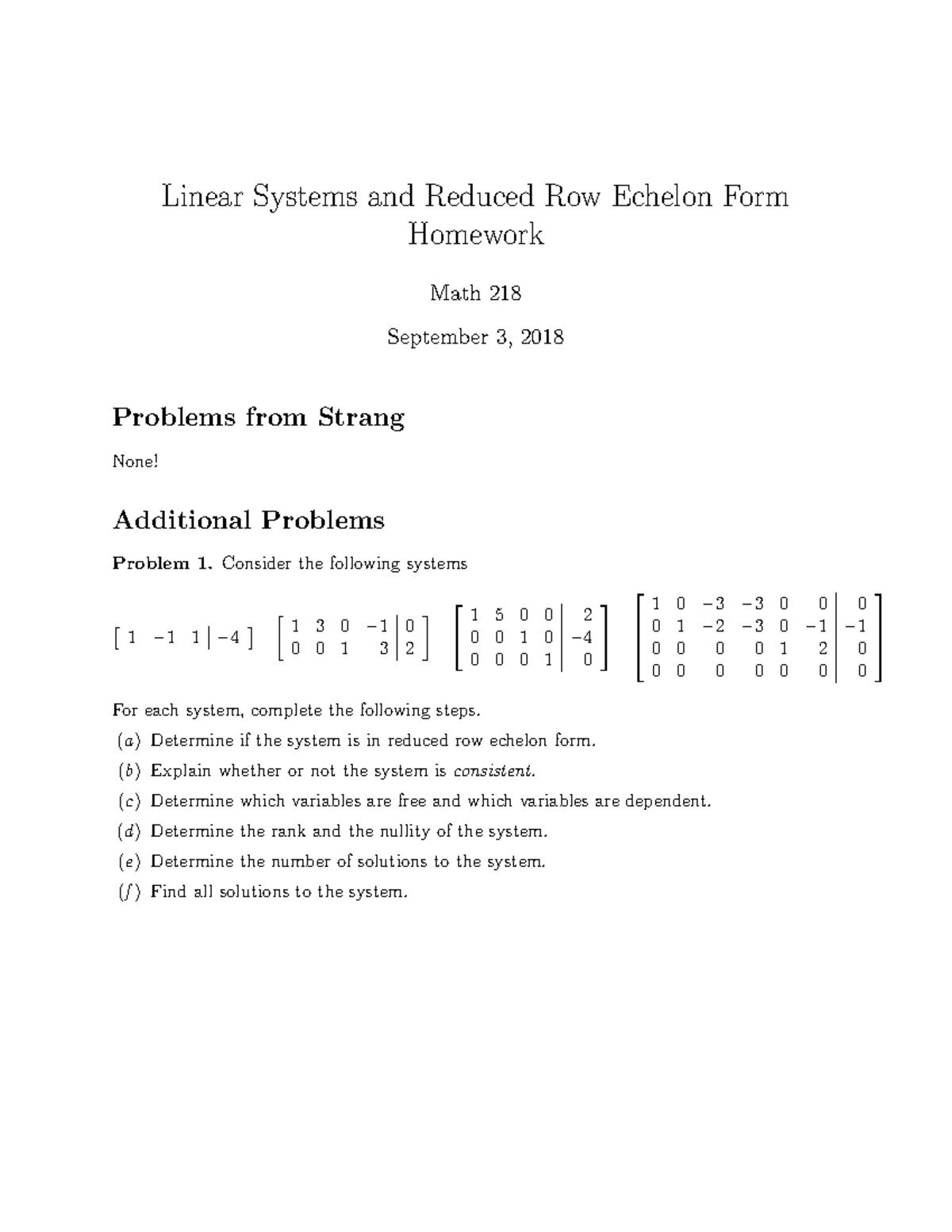 218f18-rref-hw - Linear Systems and Reduced Row Echelon Form Homework ...