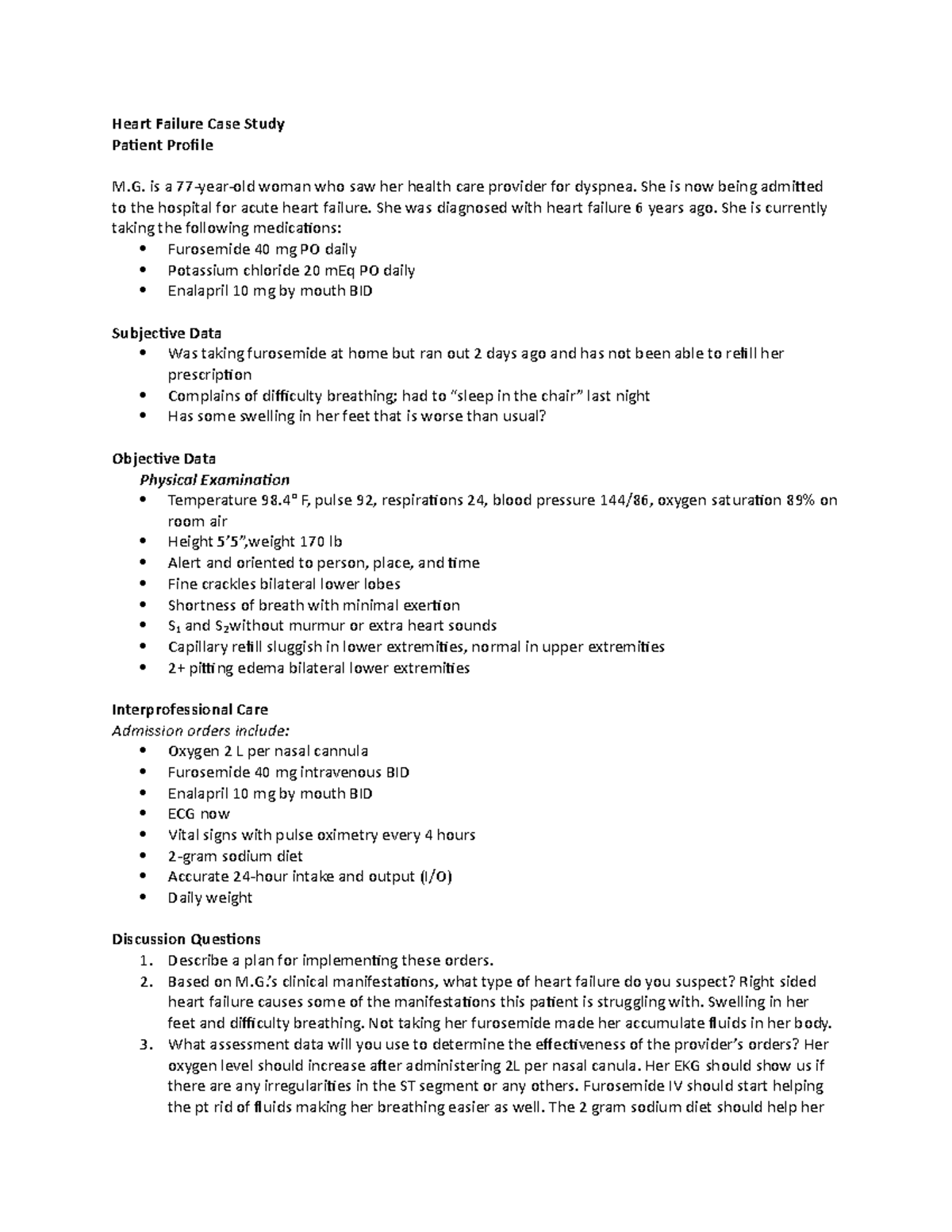 HF case study - notes - Heart Failure Case Study Patient Profile M. is ...