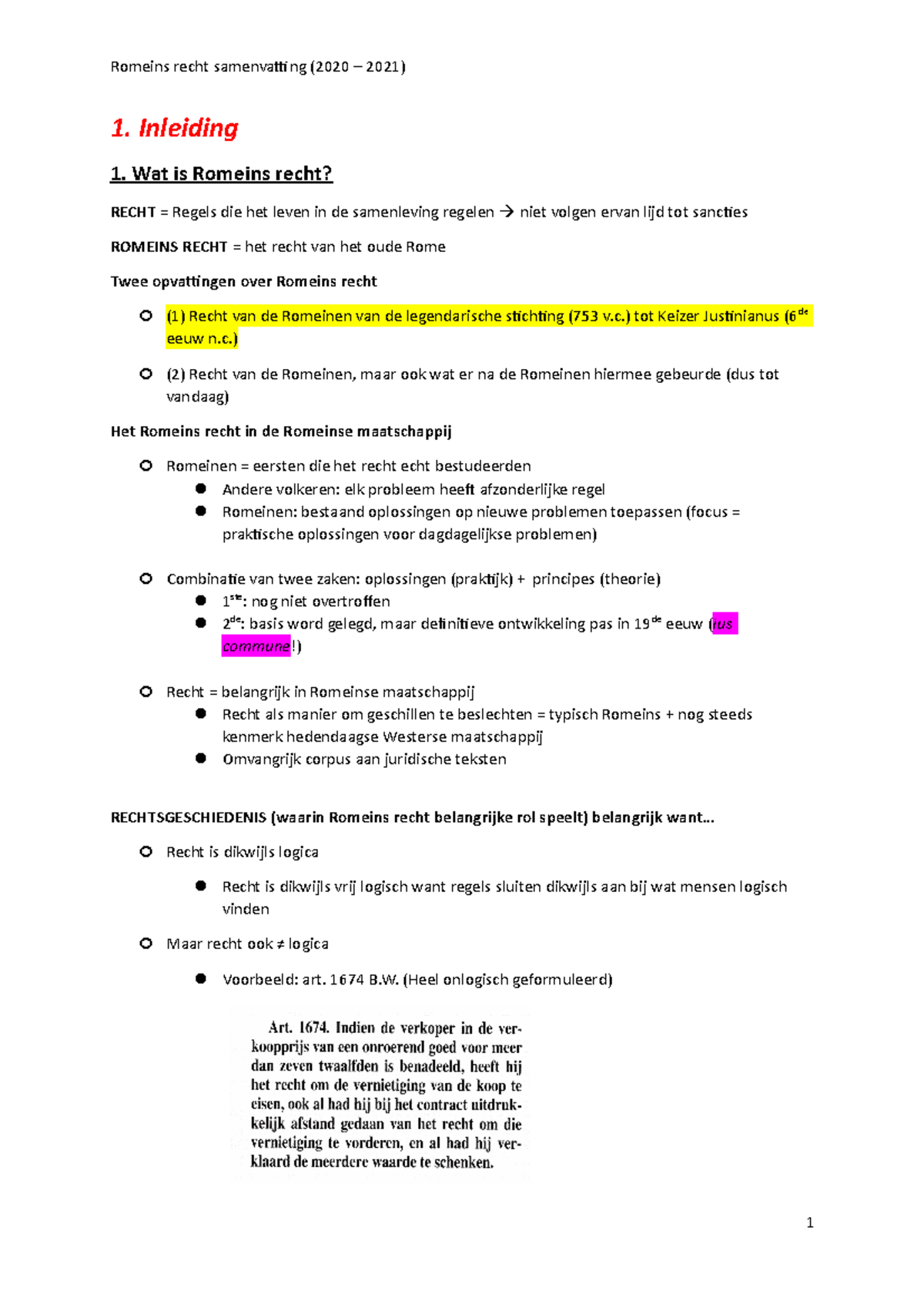 Romeins Recht Samenvatting (2020 - 2021) - 1. Inleiding 1. Wat Is ...