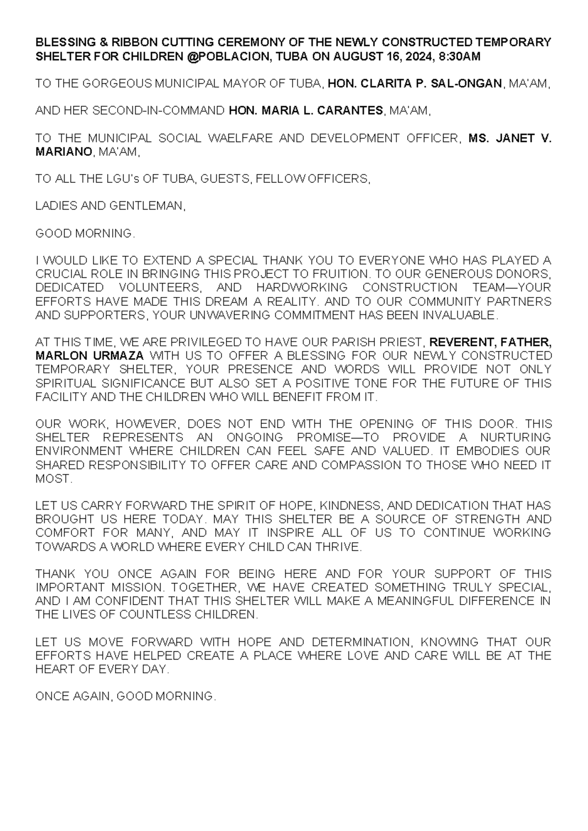 Message re Blessing and Ribbon Cutting in TubaSDASDAS - BLESSING ...