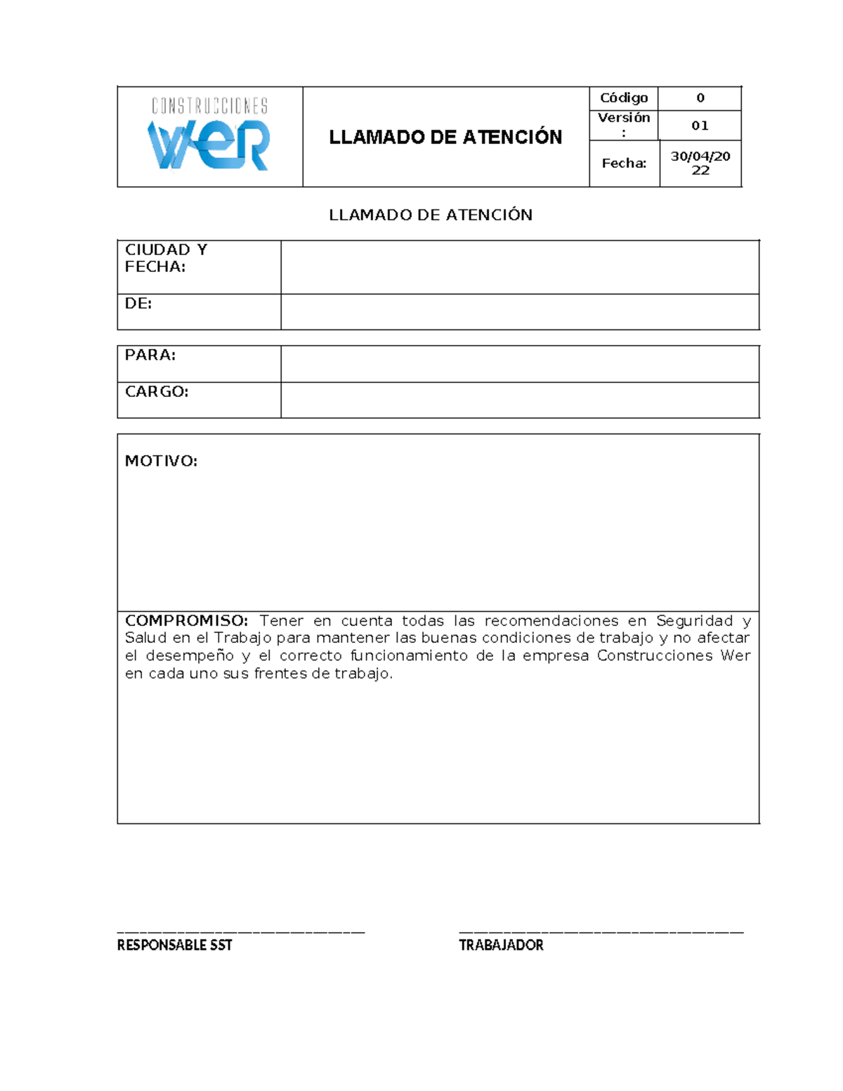 Formato Llamado DE Atención - LLAMADO DE ATENCIÓN Código 0 Versión : 01 ...