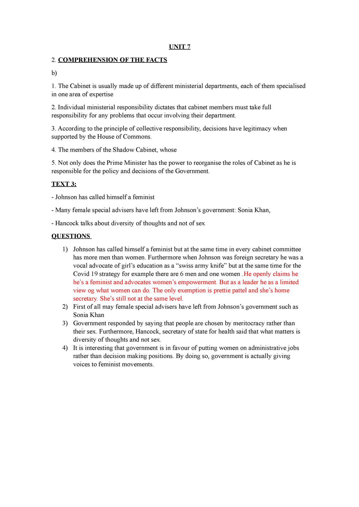 Unit 7 - Notes De Cours 7 - Unit 7 2. Comprehension Of The Facts B) The  Cabinet Is Usually Made Up - Studocu