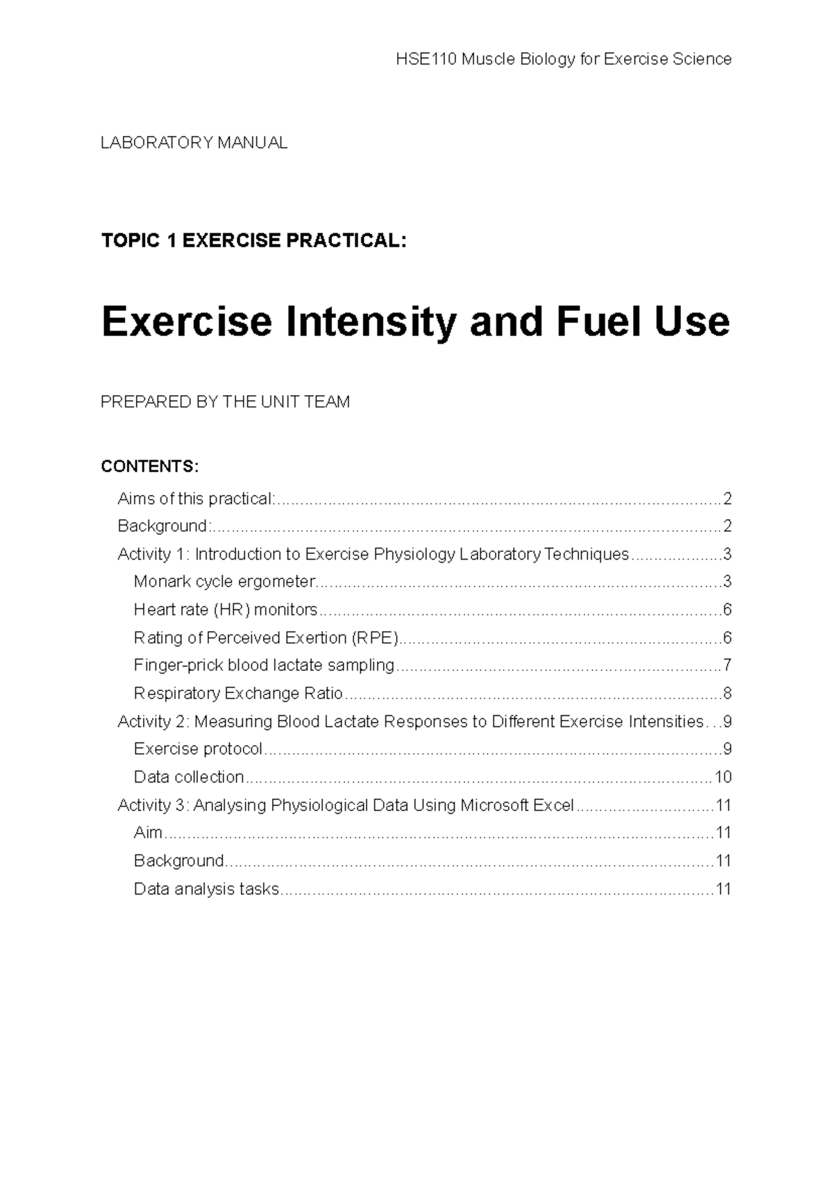 HSE102 Topic 1 Exercise practical manual - HSE110 Muscle Biology for ...