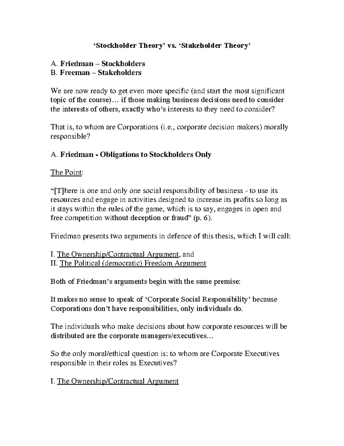 friedman and freeman ‘Stockholder Theory’ vs. ‘Stakeholder Theory’ A