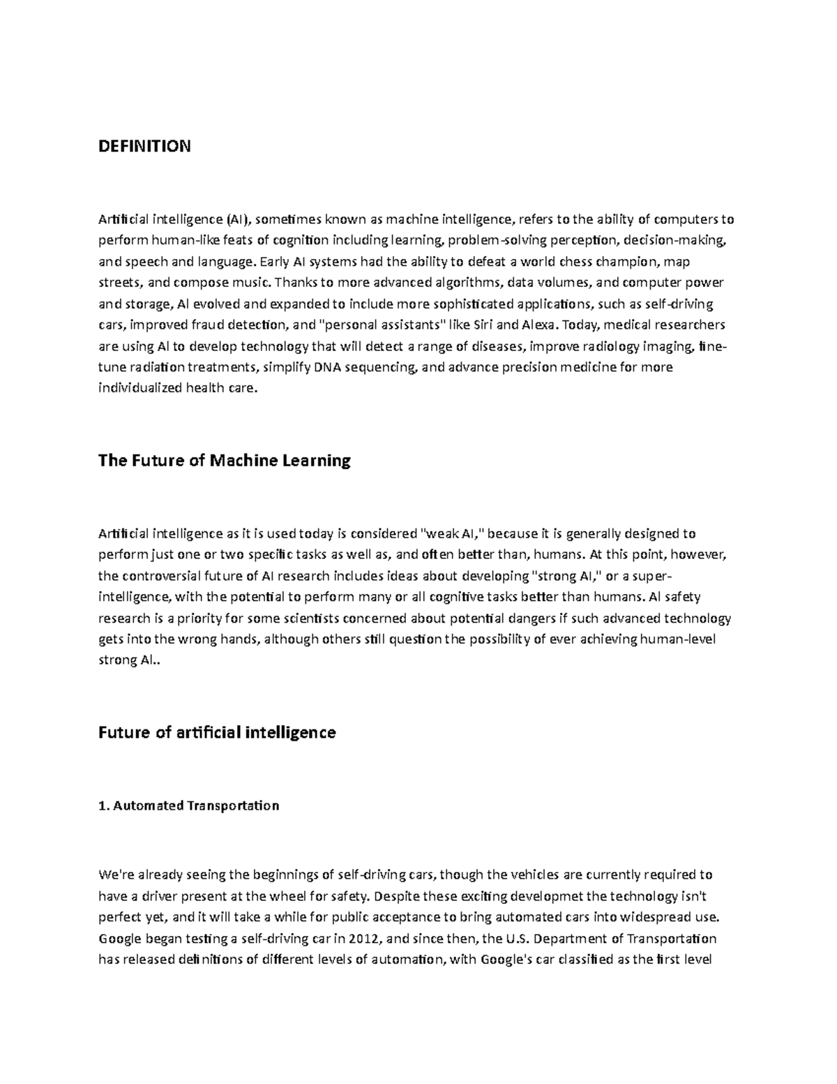 AI Notes 1 - nill - DEFINITION Artificial intelligence (AI), sometimes ...