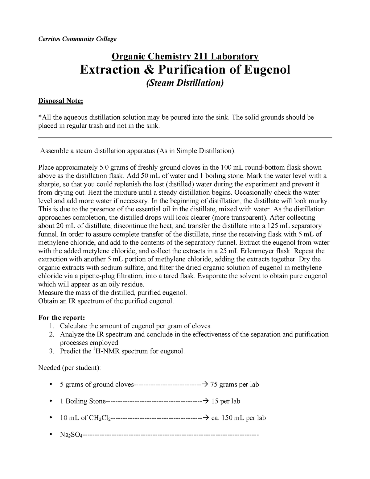 7 Steam Distillation Eugenol - Cerritos Community College Organic ...