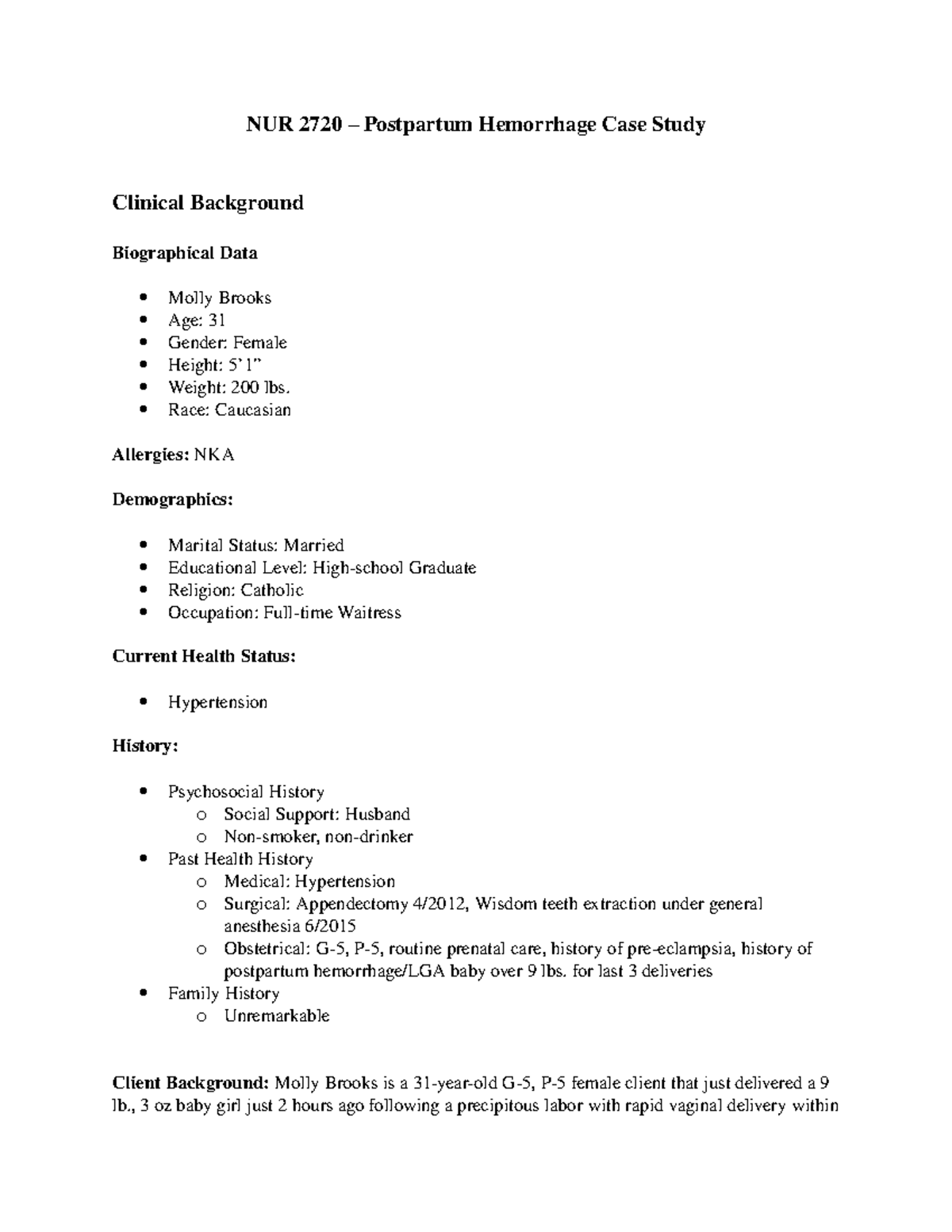 OB RN Clinical Simulation. PPH Case Study - NUR2720–Pos t par t um He ...