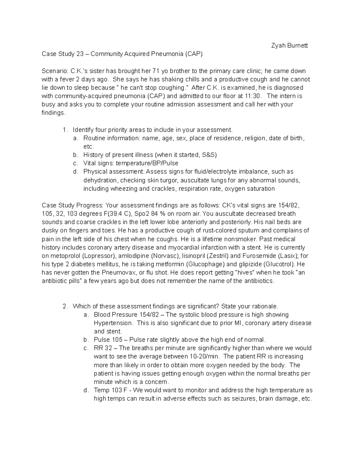 Case Study 23 – Community Acquired Pneumonia (CAP) - Zyah Burnett Case ...