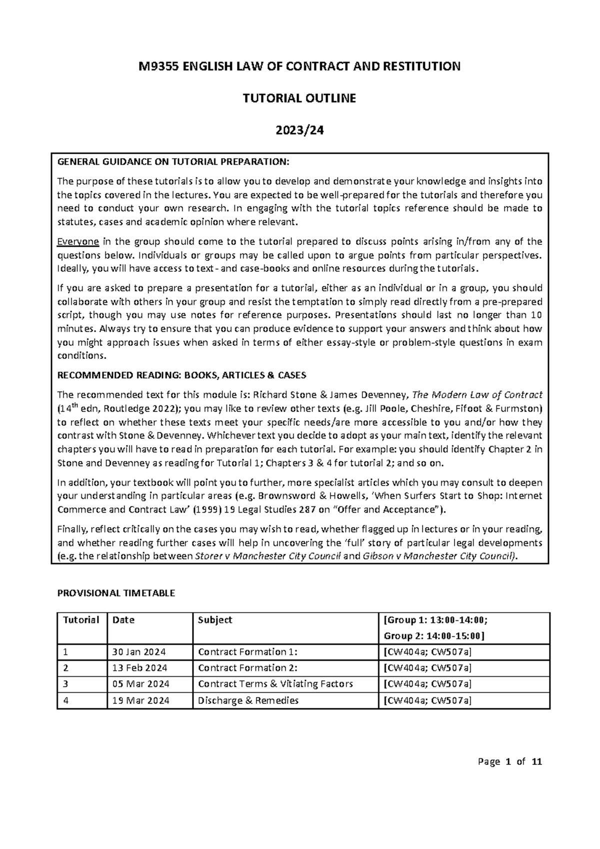 Tutorial Handbook M93 55 English Law Of Contract And Restitution