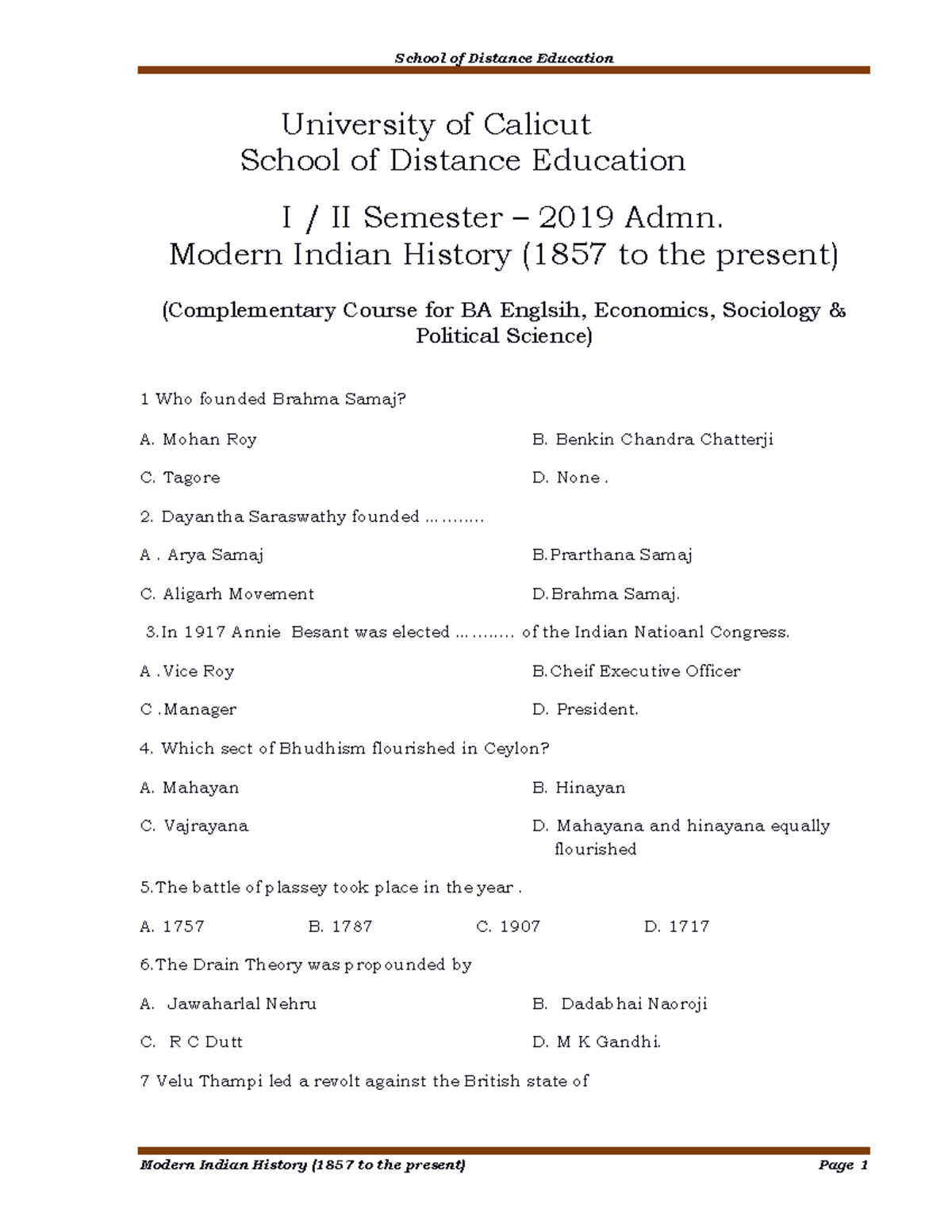 MCQ - Modern Indian History - 2019 Admn - University Of Calicut School ...