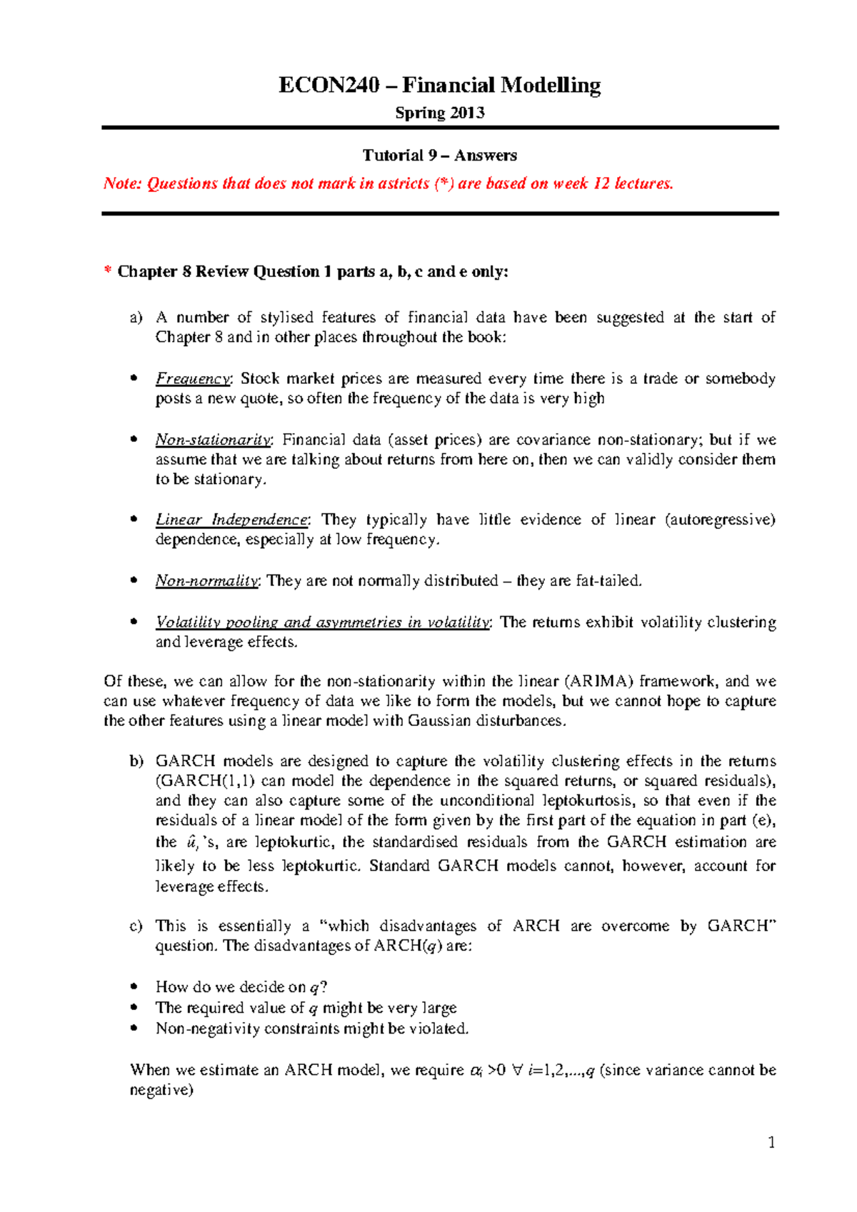 Tutorial 9 (Week 12) - Answers - ECON240 – Financial Modelling Spring ...