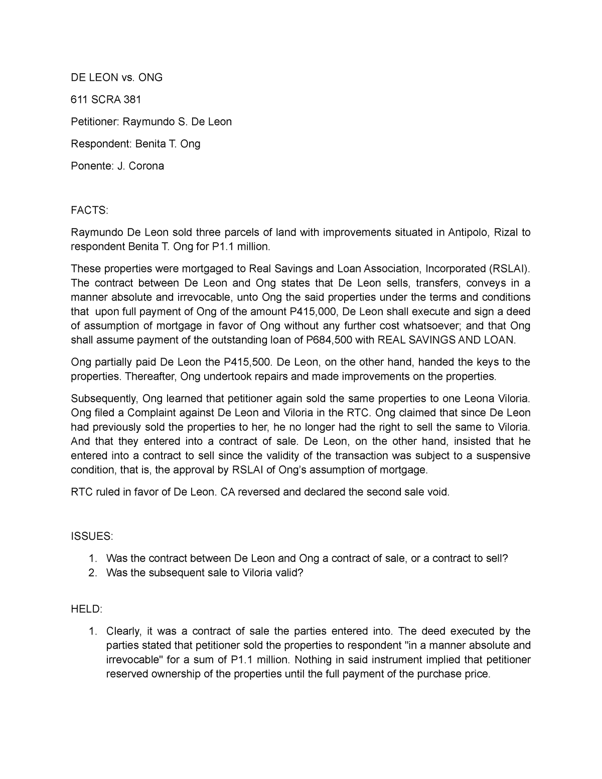 Ash - rfgvfg - DE LEON vs. ONG 611 SCRA 381 Petitioner: Raymundo S. De ...