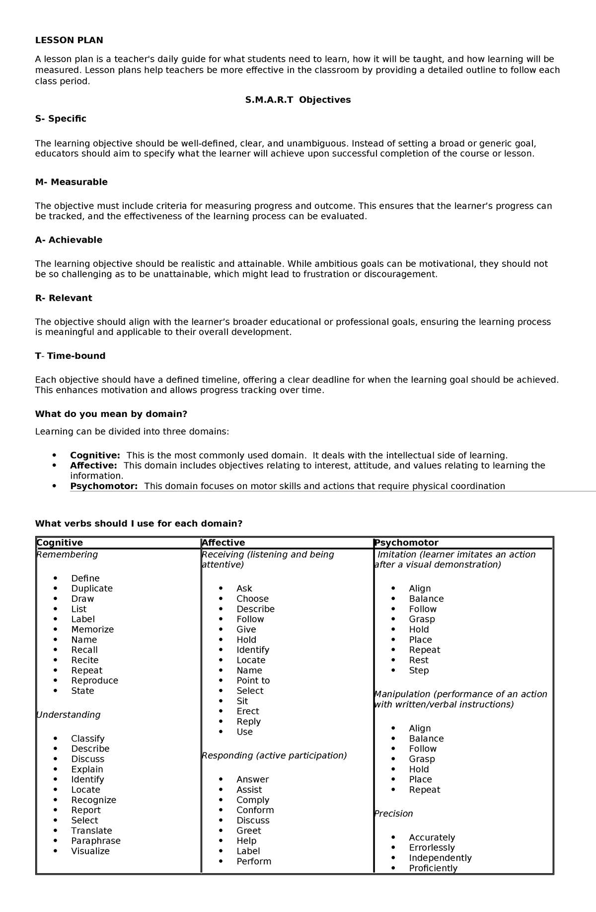 Lesson PLAN 4 As - LESSON PLAN A lesson plan is a teacher's daily guide ...