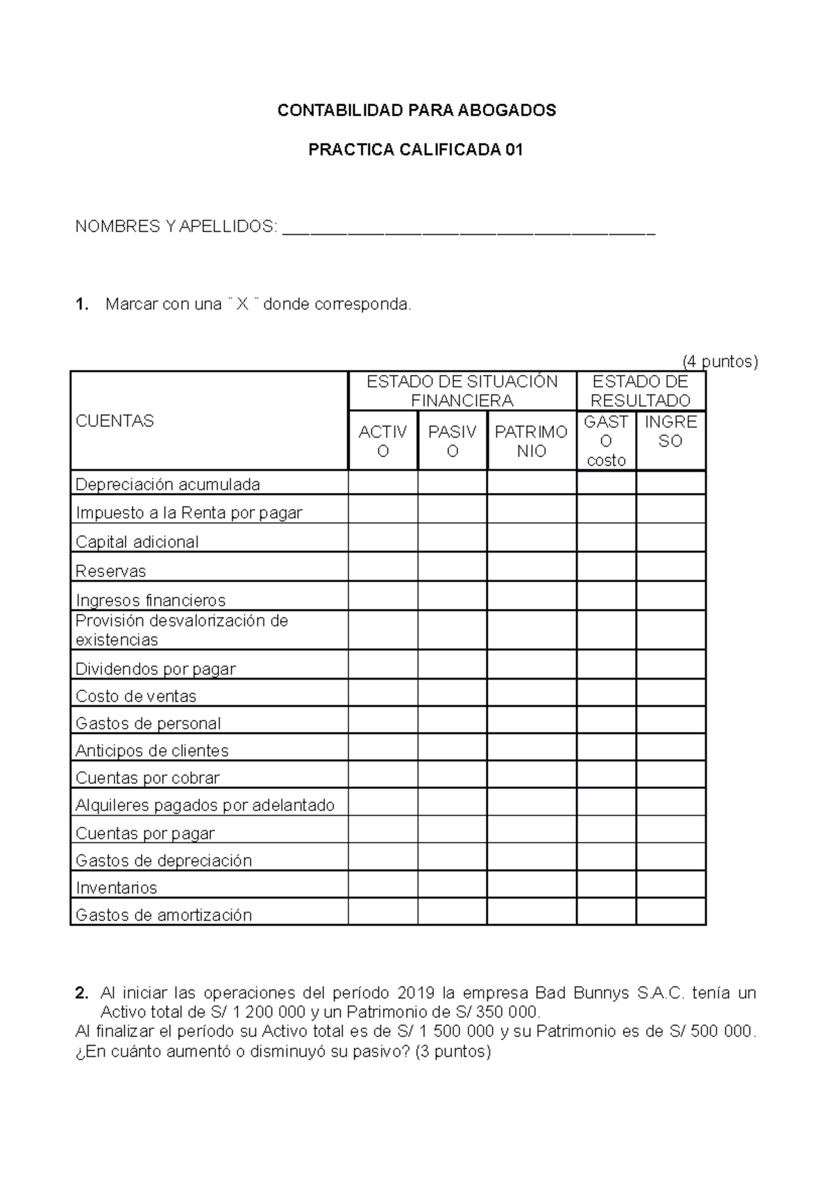 Practica Calificada 01 Practica Dirigida Calificada N 1 CONTABILIDAD 