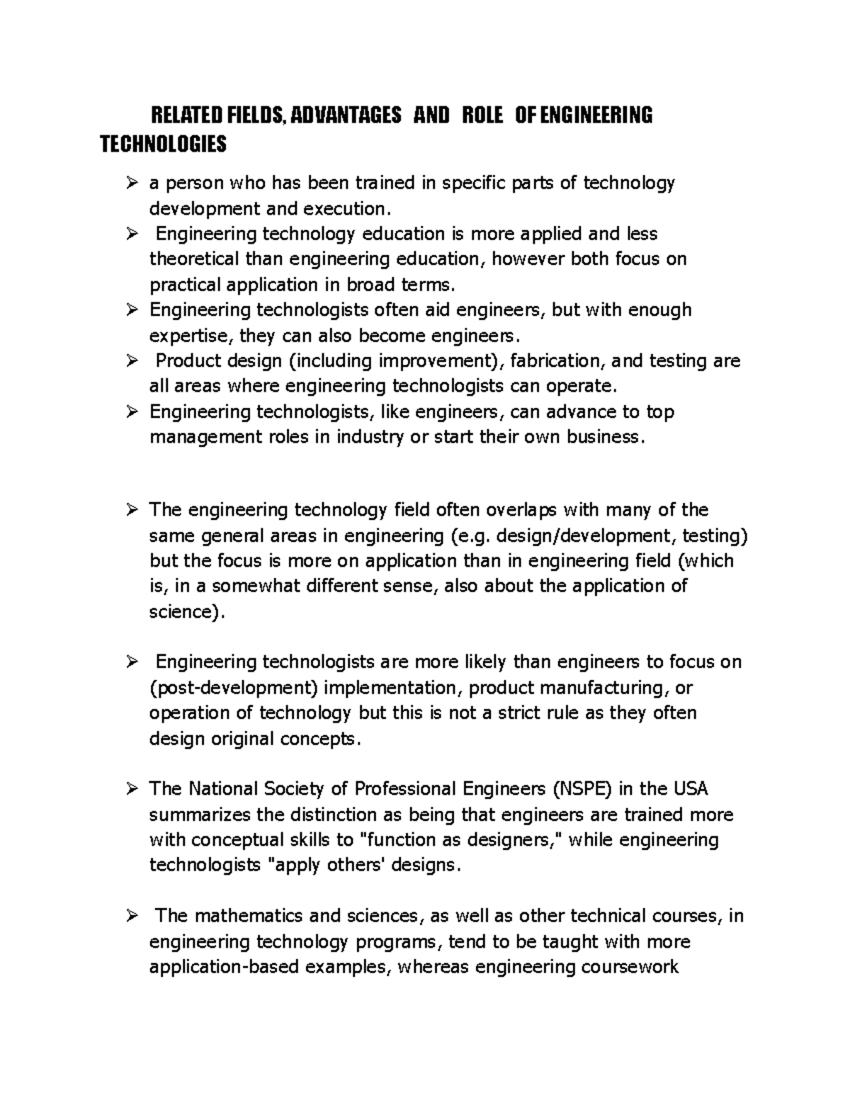 Related Fields Advantages AND ROLE OF Engineering Technologies ...