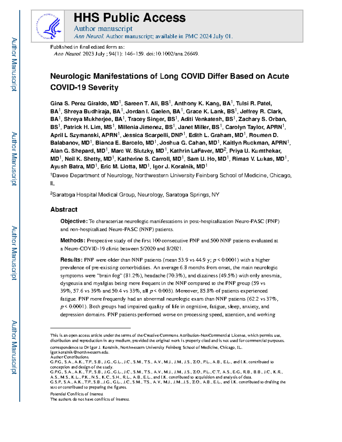 Nihms-1948477 - notes - Neurologic Manifestations of Long COVID Differ ...