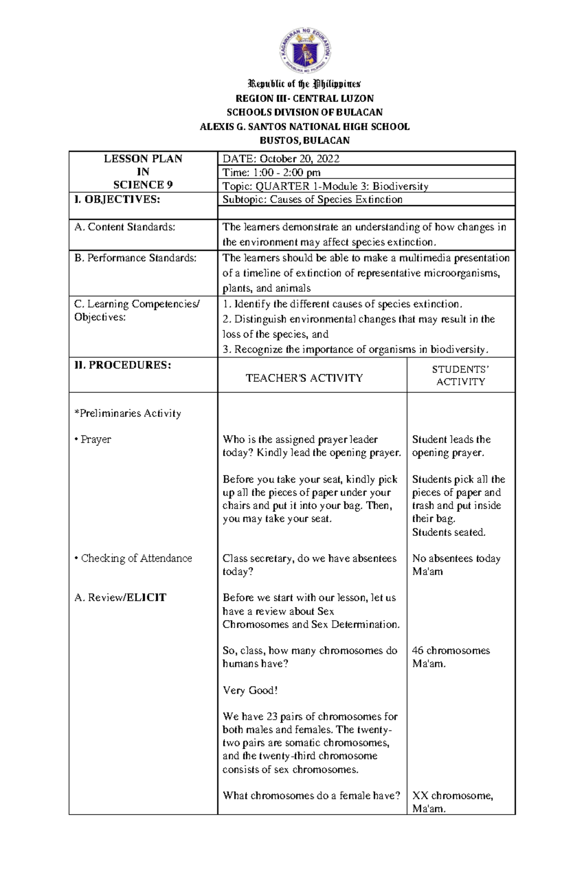 Final DLP- Causes OF Extinction - Republic of the Philippines REGION ...