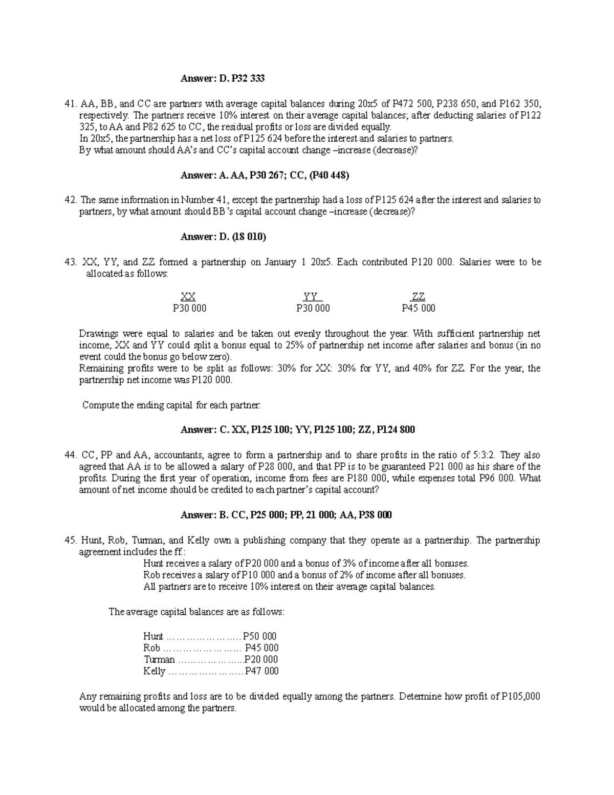 Pdfcoffee - Partnership - Answer: D. P32 333 41. AA, BB, and CC are ...