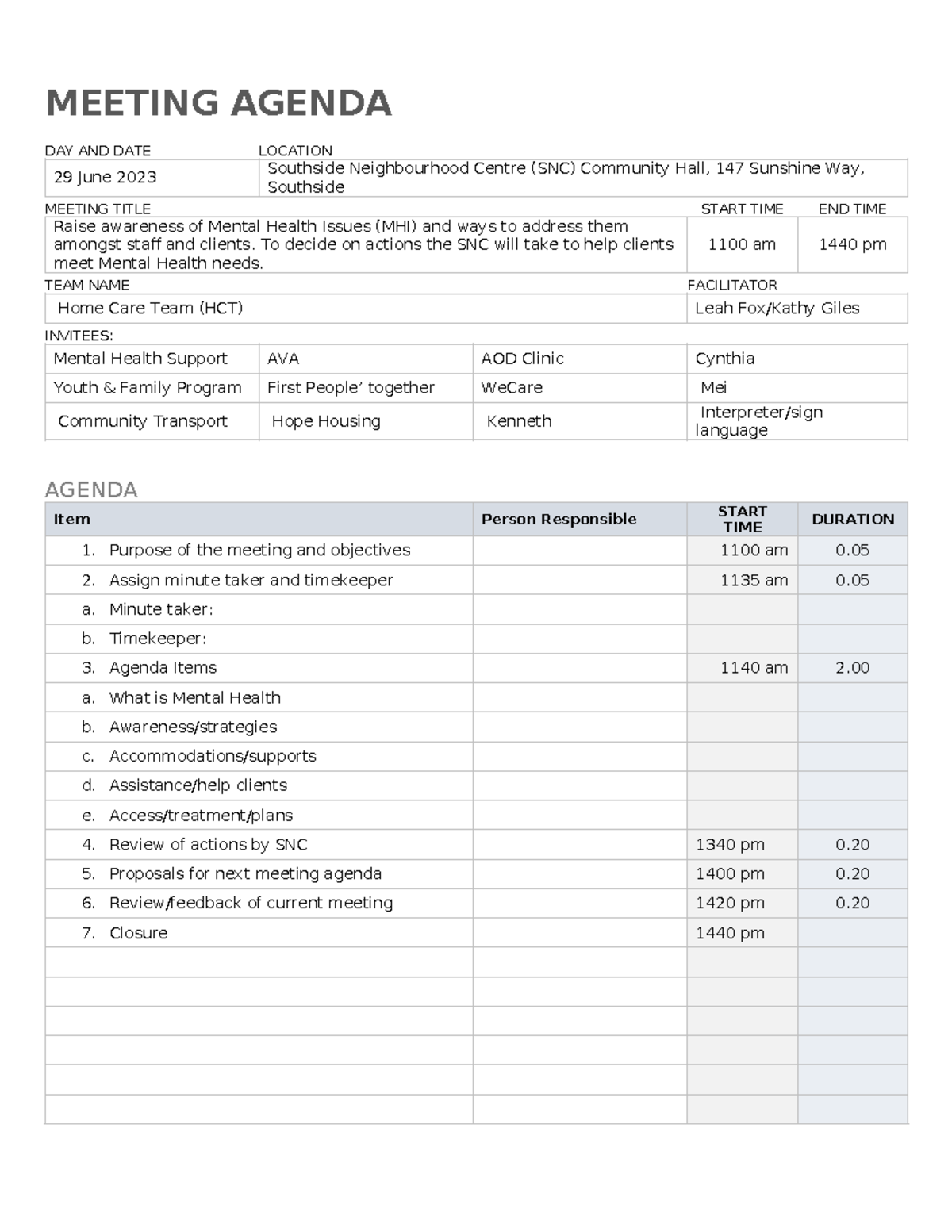 Agenda for meeting - mental health - MEETING AGENDA DAY AND DATE ...