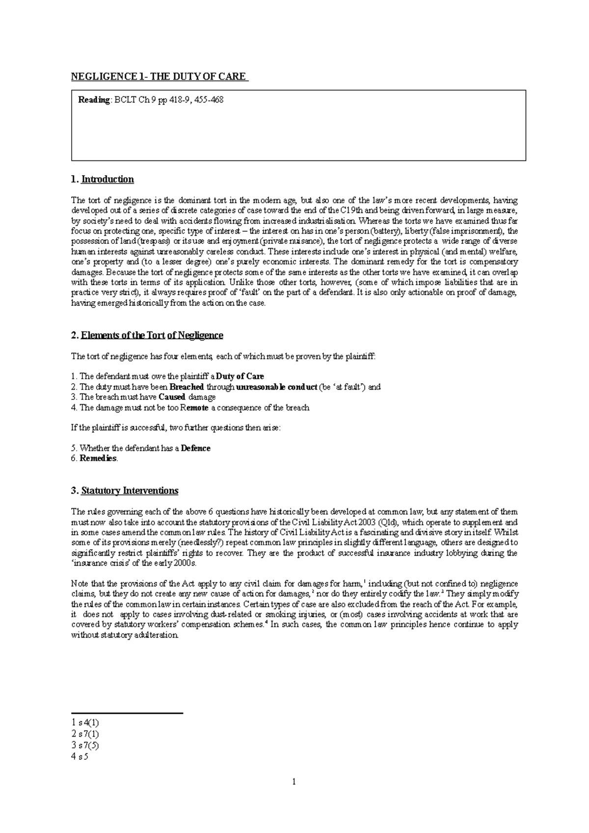 Negligence 1 Duty of Care 2019 - NEGLIGENCE 1- THE DUTY OF CARE 1 ...